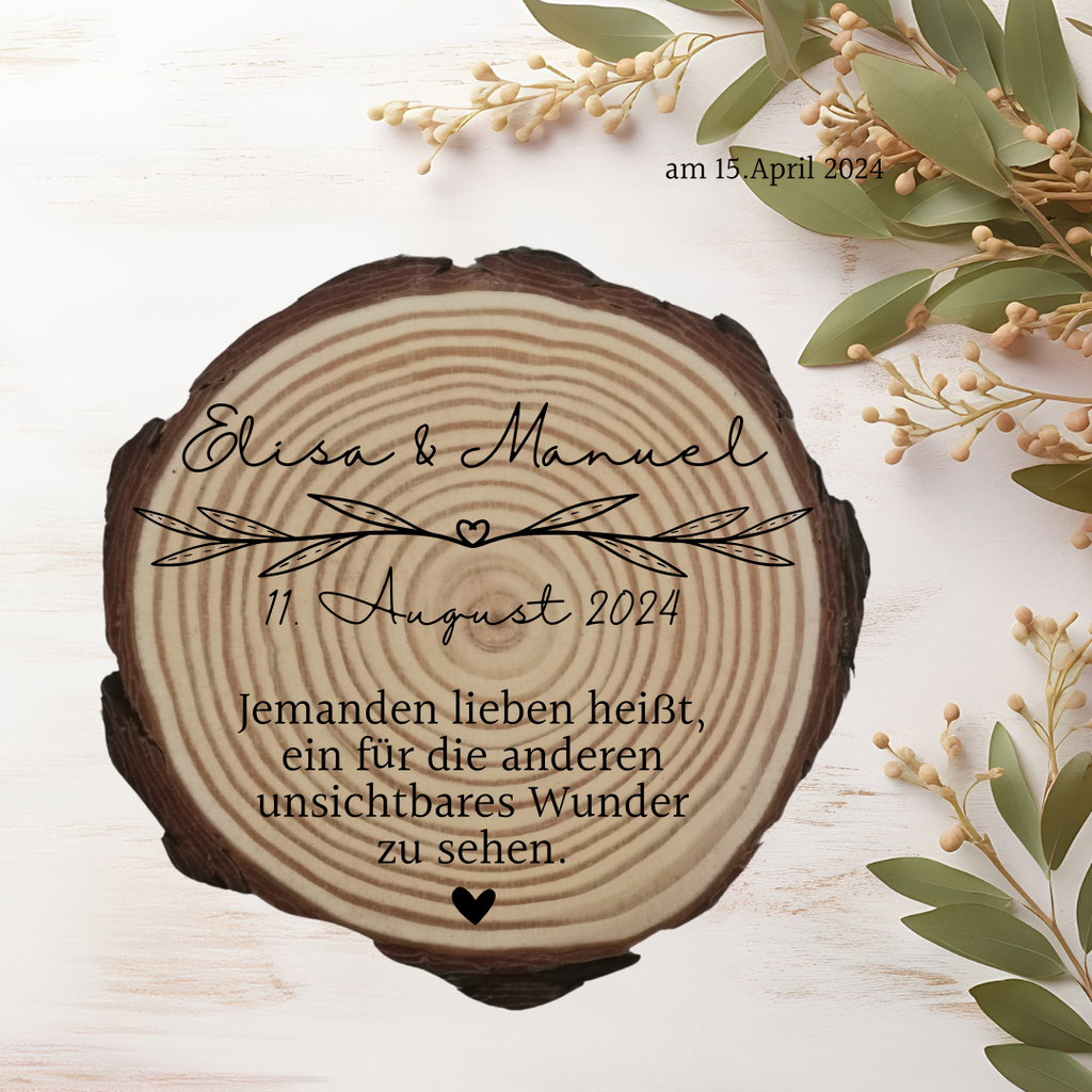 Gravierte Holzscheibe Hochzeit – personalisiert mit Namen & Datum – rustikale Hochzeitsdeko – Geschenk für Brautpaar – Ringträger Holz