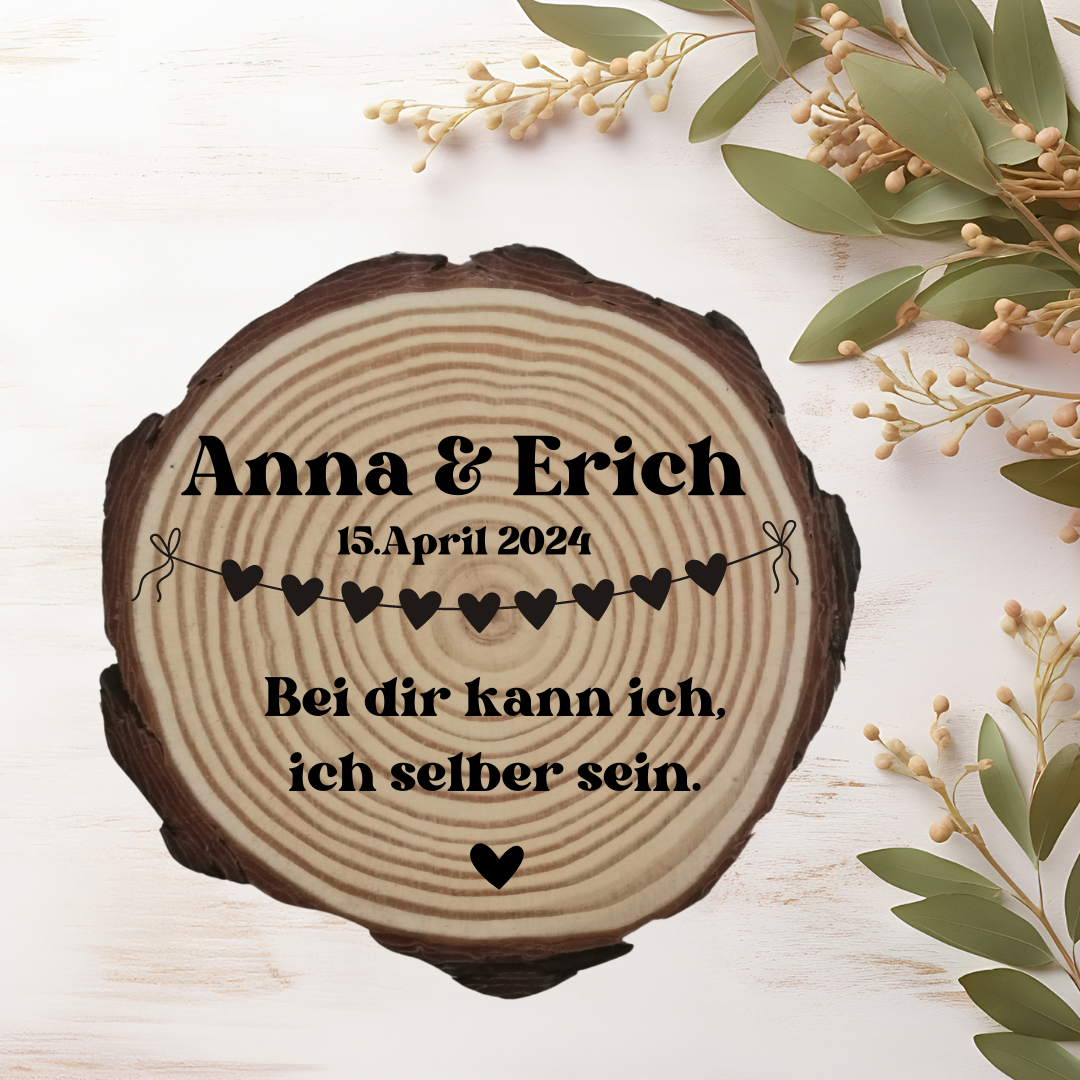 Gravierte Holzscheibe Hochzeit – personalisiert mit Namen & Datum – rustikale Hochzeitsdeko – Geschenk für Brautpaar – Ringträger Holz