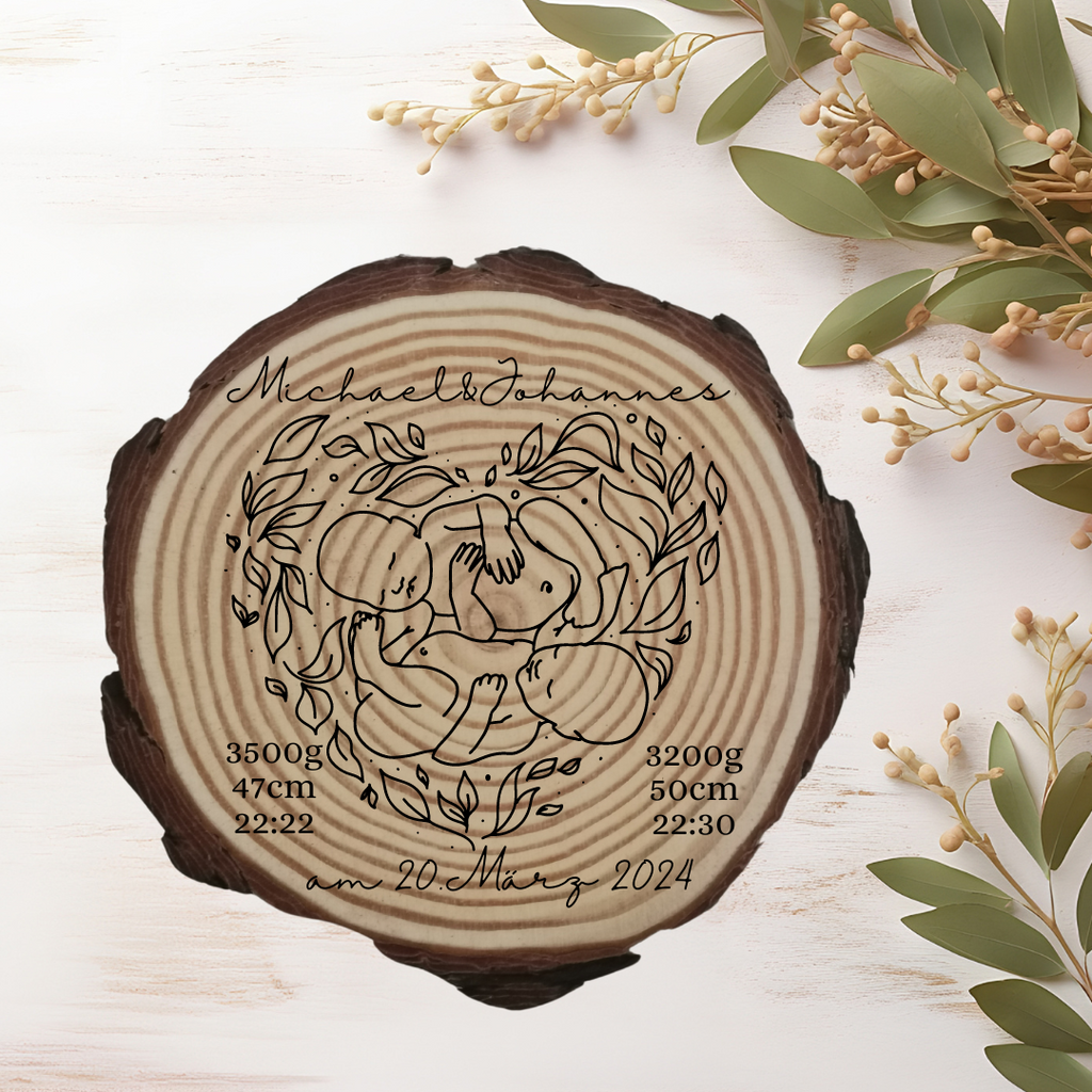 Gravierte Holzscheibe zur Geburt Zwillinge – personalisiertes Babygeschenk mit Namen & Geburtsdaten – Erinnerung Naturholz Baby