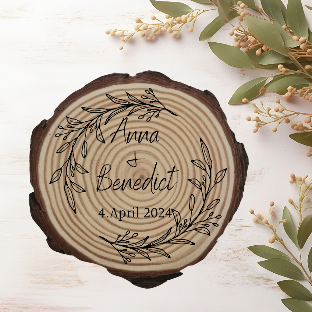 Gravierte Holzscheibe Hochzeit – personalisiert mit Namen & Datum – rustikale Hochzeitsdeko – Geschenk für Brautpaar – Ringträger Holz