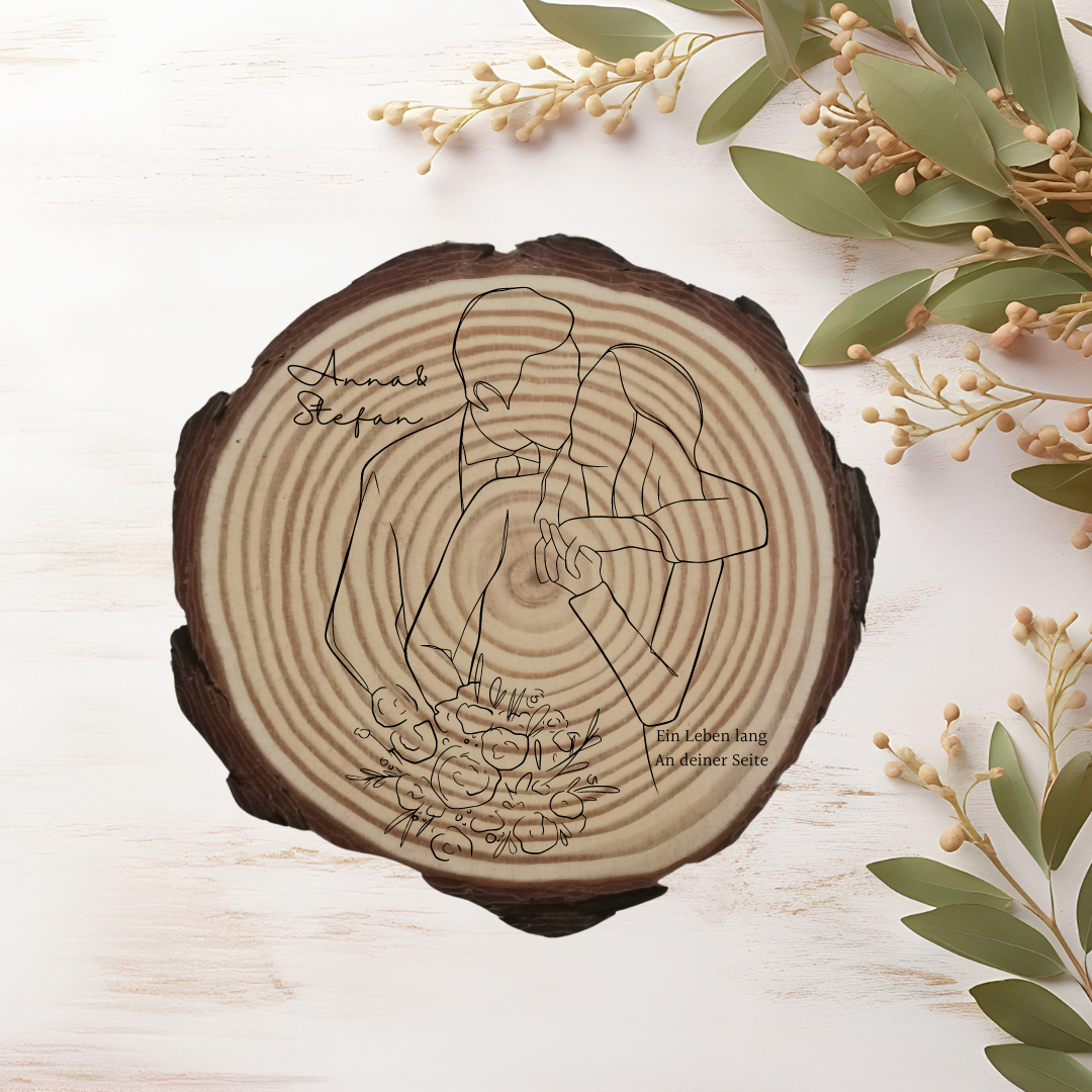 Gravierte Holzscheibe Hochzeit – personalisiert mit Namen & Datum – rustikale Hochzeitsdeko – Geschenk für Brautpaar – Ringträger Holz