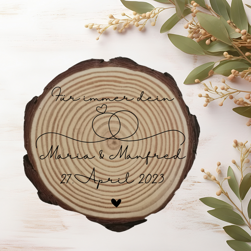 Gravierte Holzscheibe Hochzeit – personalisiert mit Namen & Datum – rustikale Hochzeitsdeko – Geschenk für Brautpaar – Ringträger Holz