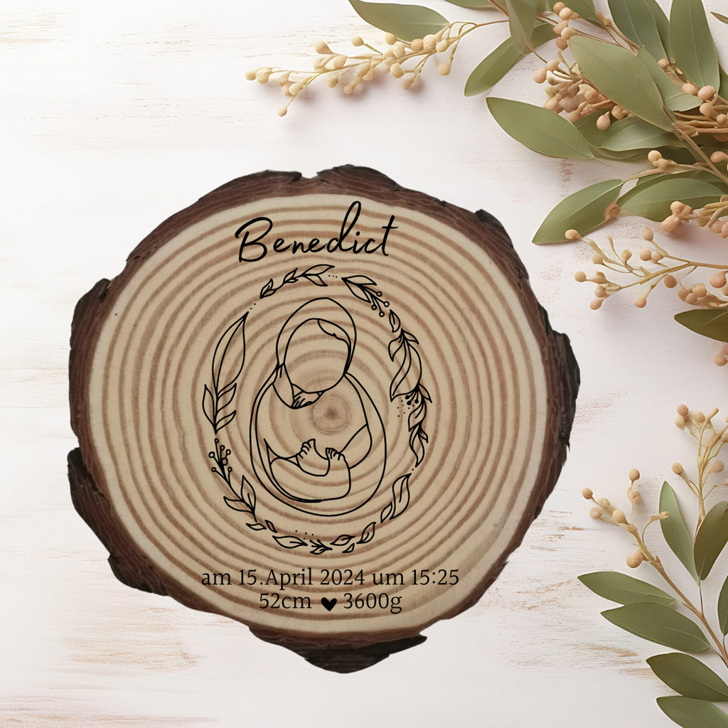Gravierte Holzscheibe zur Geburt – personalisiertes Babygeschenk mit Name & Geburtsdatum – Erinnerung Baby – Naturholz Dekoration