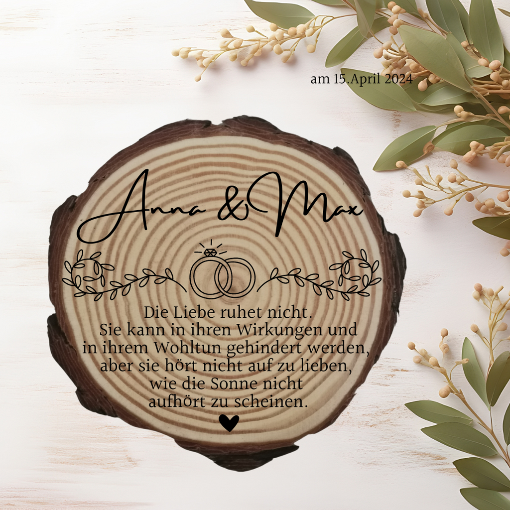 Gravierte Holzscheibe Hochzeit – personalisiert mit Namen & Datum – rustikale Hochzeitsdeko – Geschenk für Brautpaar – Ringträger Holz