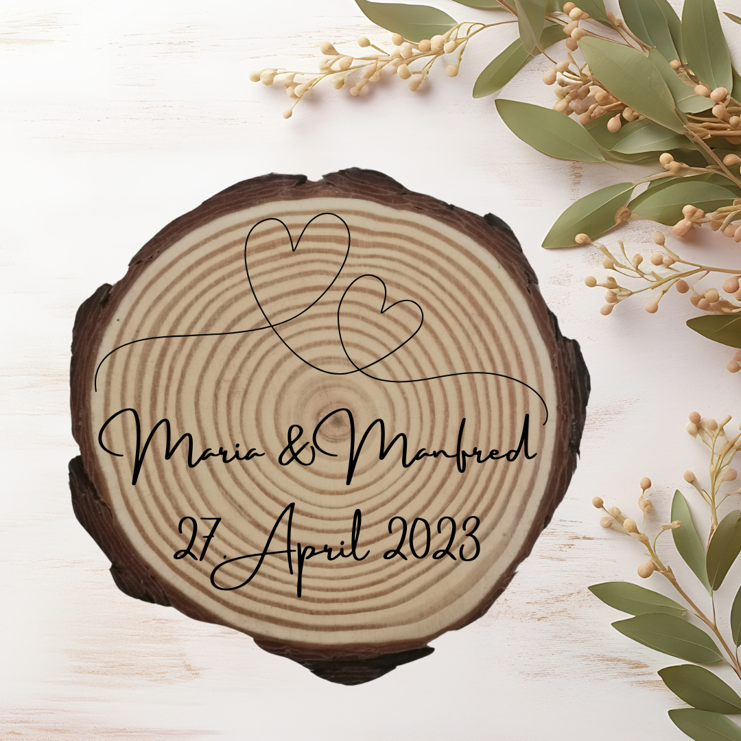 Gravierte Holzscheibe Hochzeit – personalisiert mit Namen & Datum – rustikale Hochzeitsdeko – Geschenk für Brautpaar – Ringträger Holz