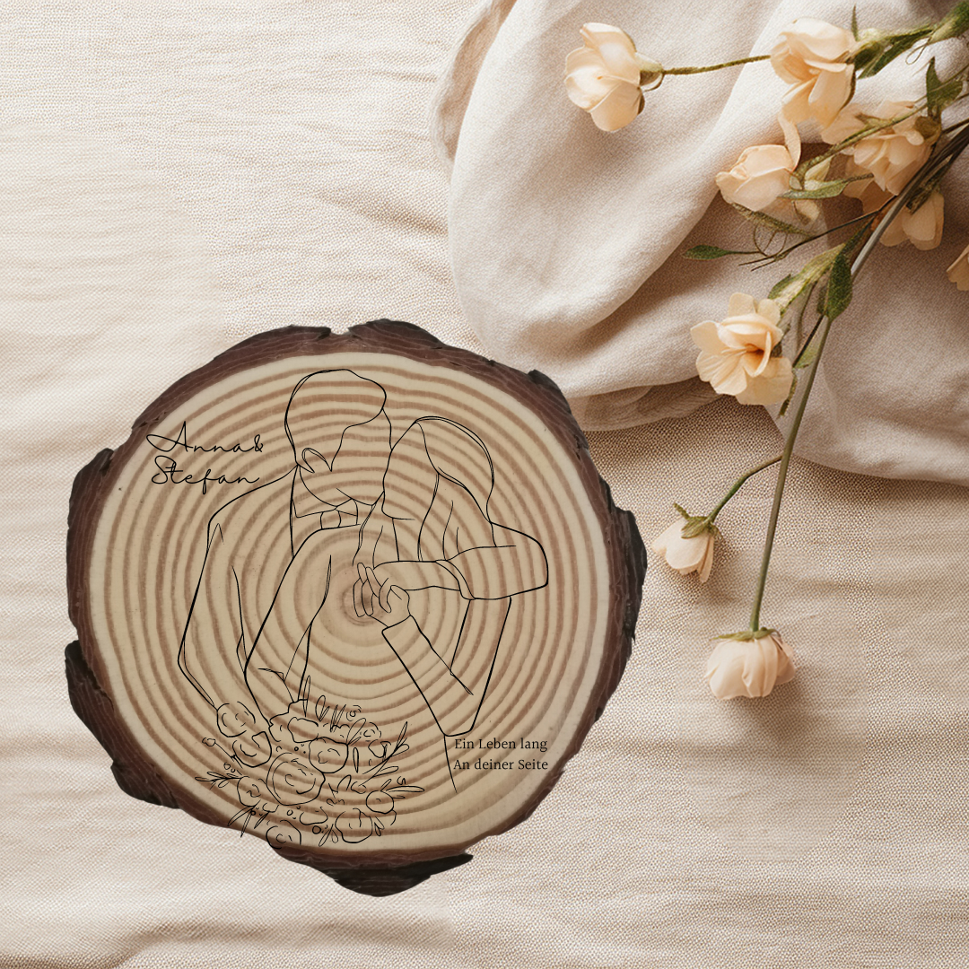 Gravierte Holzscheibe Hochzeit – personalisiert mit Namen & Datum – rustikale Hochzeitsdeko – Geschenk für Brautpaar – Ringträger Holz