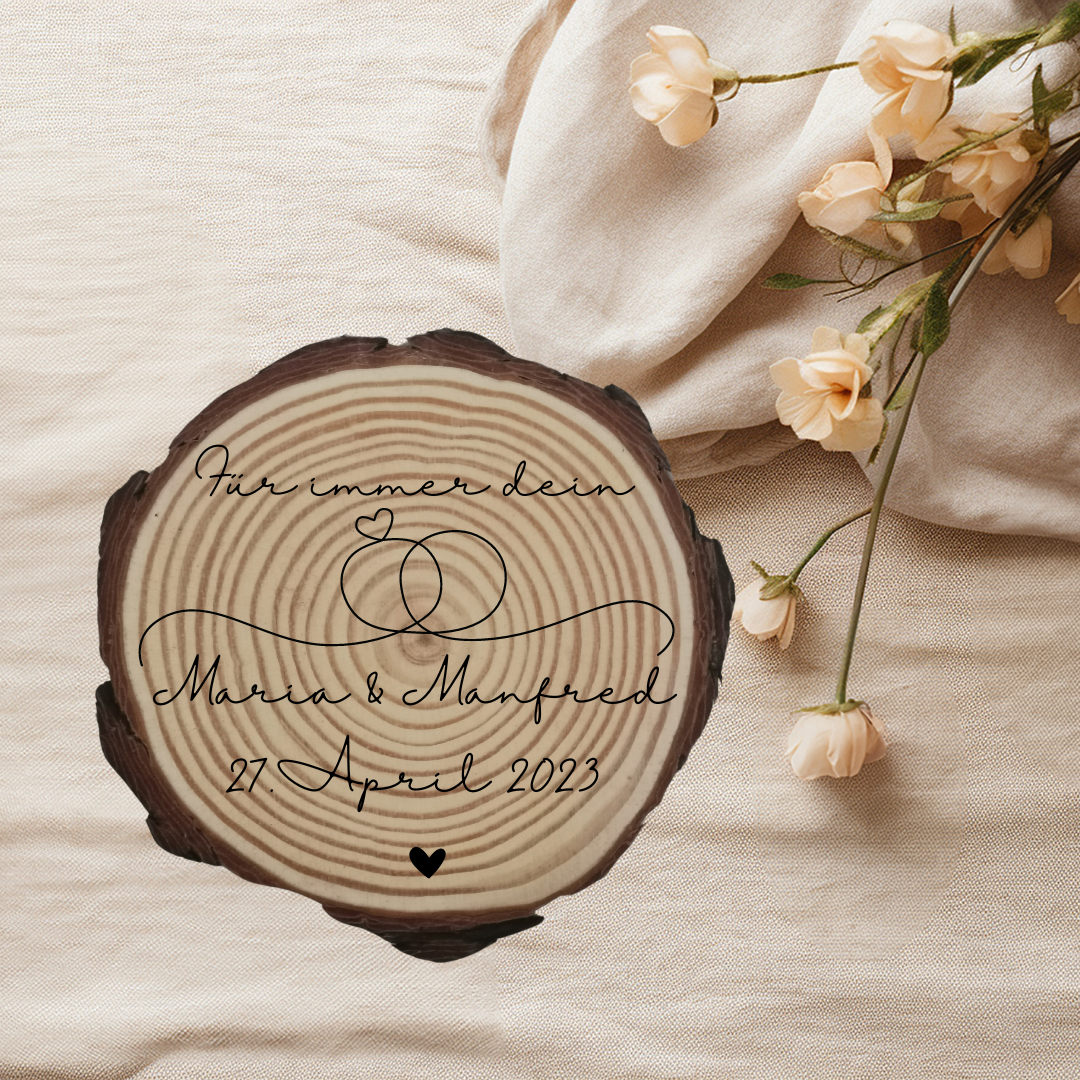Gravierte Holzscheibe Hochzeit – personalisiert mit Namen & Datum – rustikale Hochzeitsdeko – Geschenk für Brautpaar – Ringträger Holz
