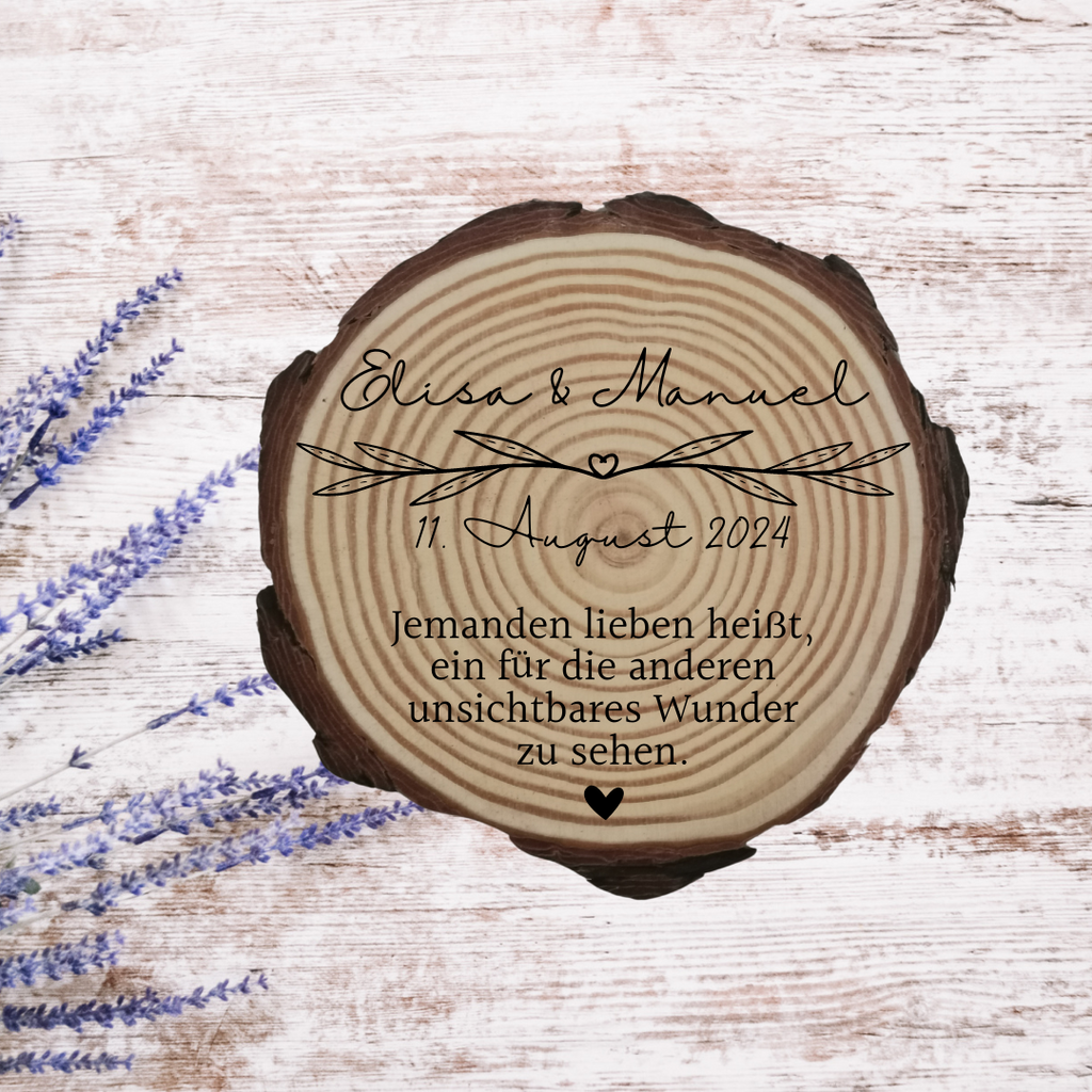 Gravierte Holzscheibe Hochzeit – personalisiert mit Namen & Datum – rustikale Hochzeitsdeko – Geschenk für Brautpaar – Ringträger Holz