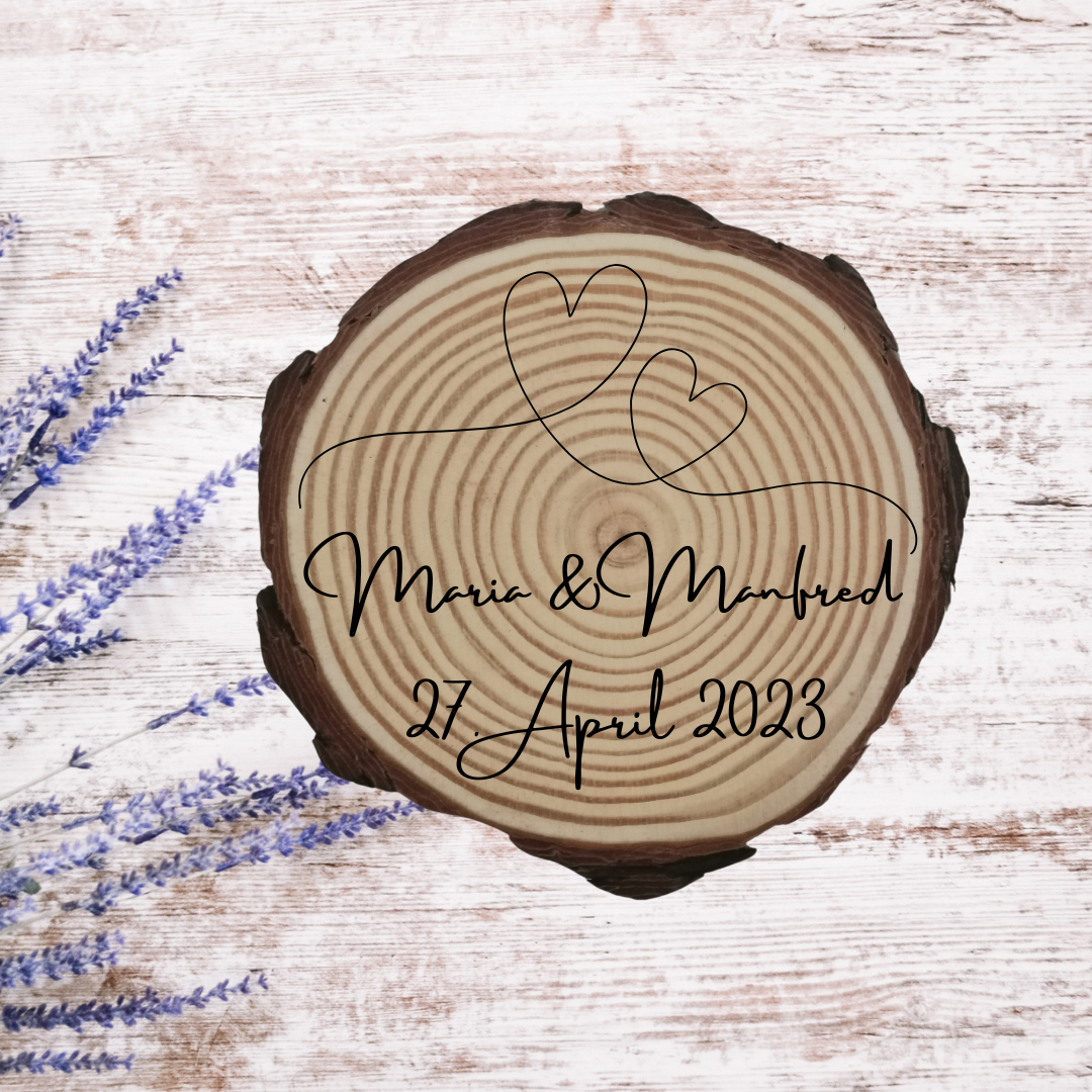 Gravierte Holzscheibe Hochzeit – personalisiert mit Namen & Datum – rustikale Hochzeitsdeko – Geschenk für Brautpaar – Ringträger Holz