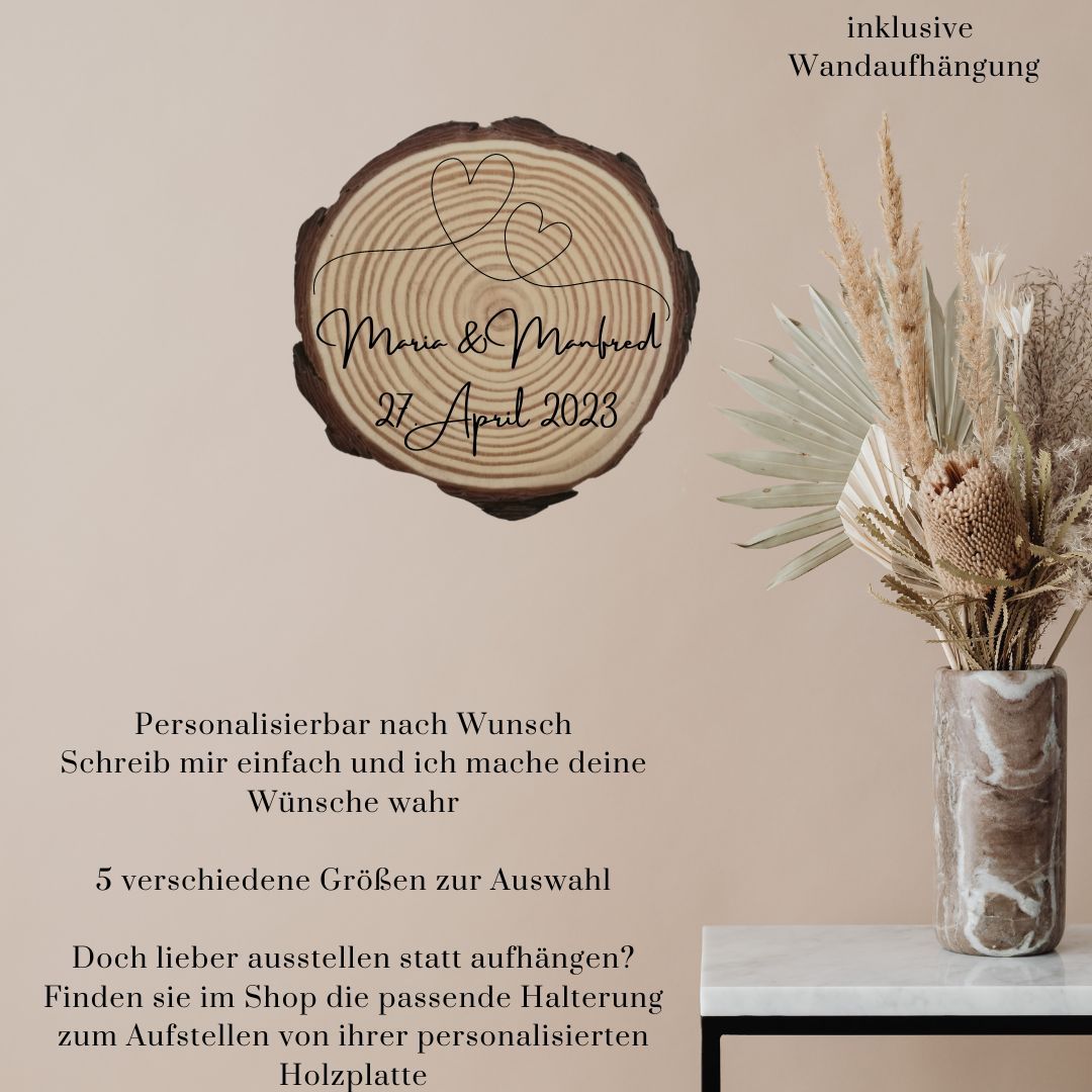 Gravierte Holzscheibe Hochzeit – personalisiert mit Namen & Datum – rustikale Hochzeitsdeko – Geschenk für Brautpaar – Ringträger Holz