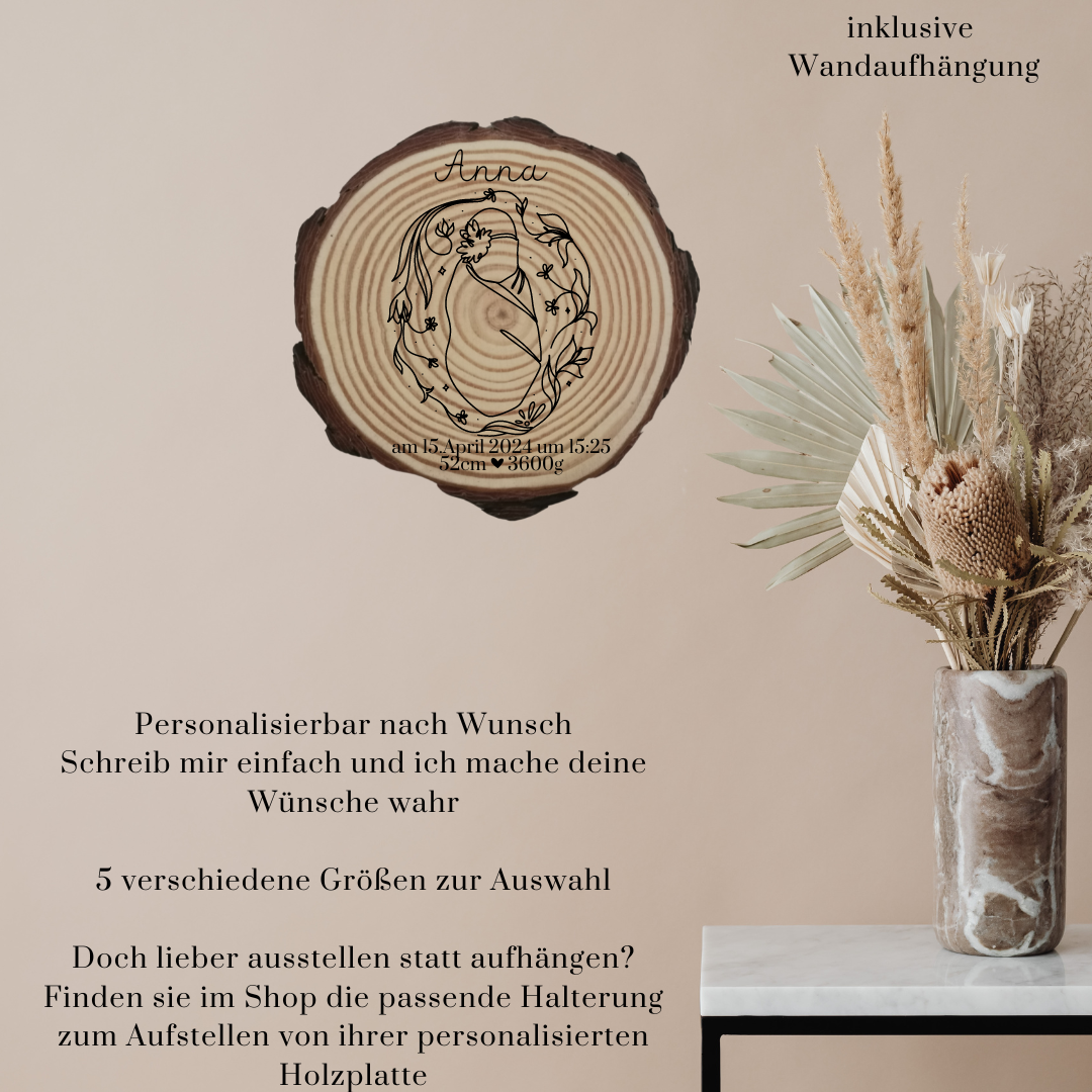 Gravierte Holzscheibe zur Geburt – personalisiertes Babygeschenk mit Name & Geburtsdatum – Erinnerung Baby – Naturholz Dekoration