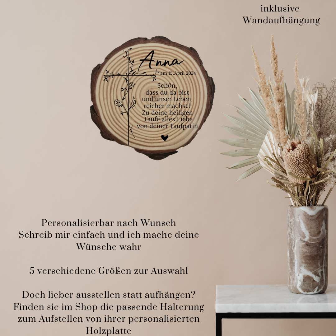 Gravierte Holzscheibe zur Taufe – personalisiertes Taufgeschenk mit Name & Datum – Erinnerung Taufe – Deko Holz – Geschenk zur Tauffeier
