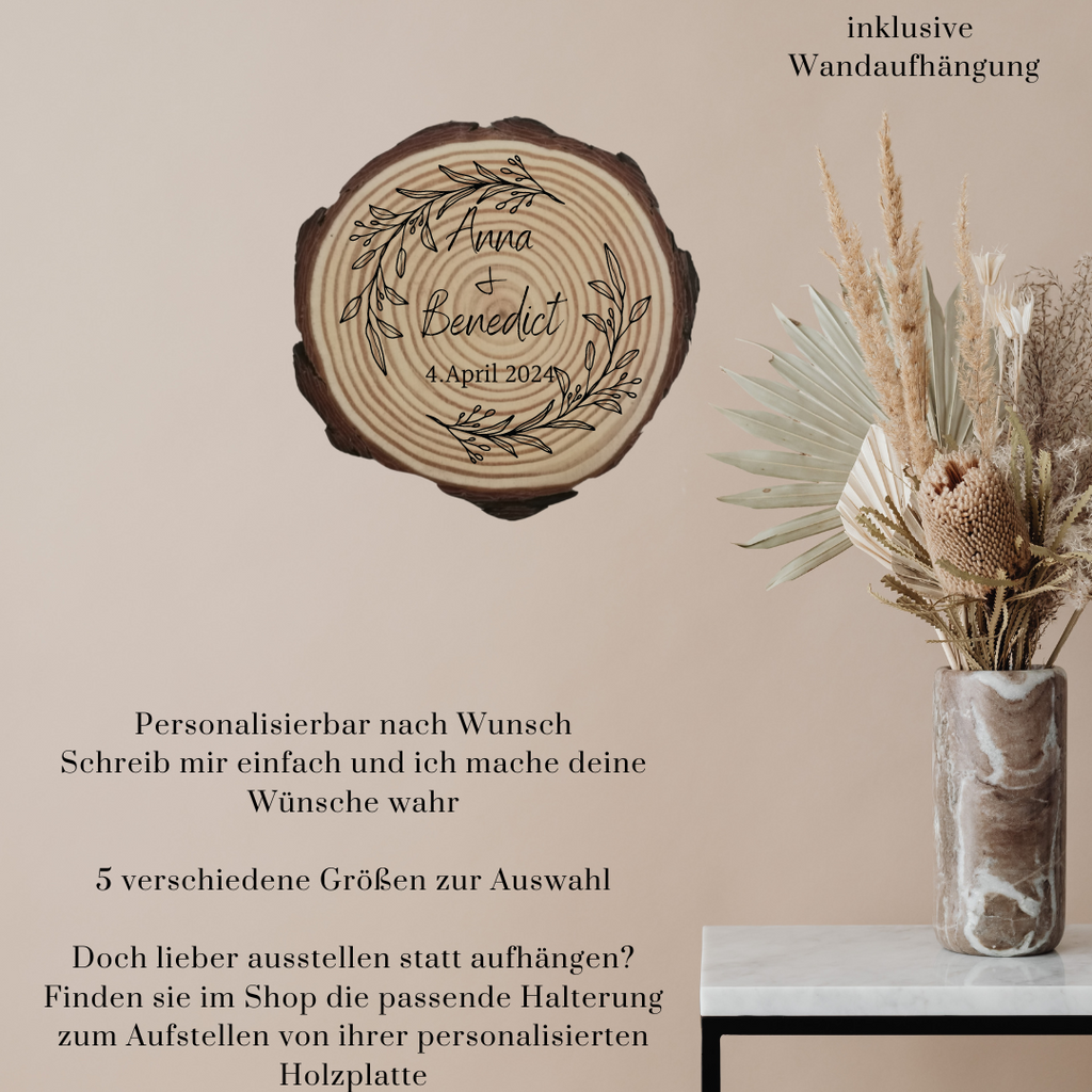 Gravierte Holzscheibe Hochzeit – personalisiert mit Namen & Datum – rustikale Hochzeitsdeko – Geschenk für Brautpaar – Ringträger Holz