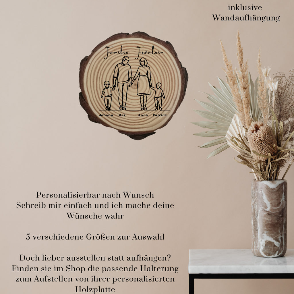 Gravierte Holzscheibe Familie – personalisiertes Familiengeschenk mit Namen & Datum – rustikale Deko für Zuhause – Familienbaum Holzscheibe