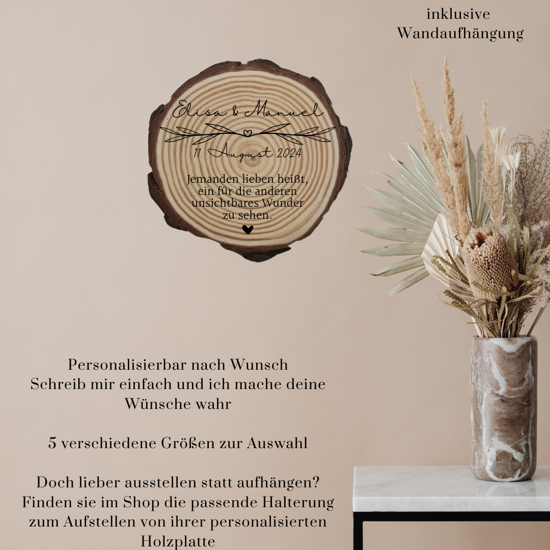Gravierte Holzscheibe Hochzeit – personalisiert mit Namen & Datum – rustikale Hochzeitsdeko – Geschenk für Brautpaar – Ringträger Holz