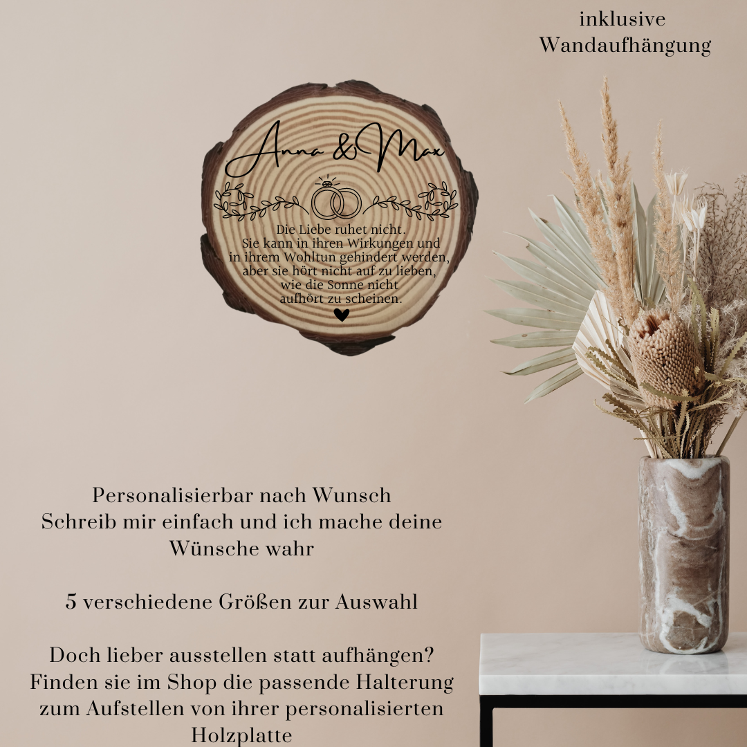 Gravierte Holzscheibe Hochzeit – personalisiert mit Namen & Datum – rustikale Hochzeitsdeko – Geschenk für Brautpaar – Ringträger Holz