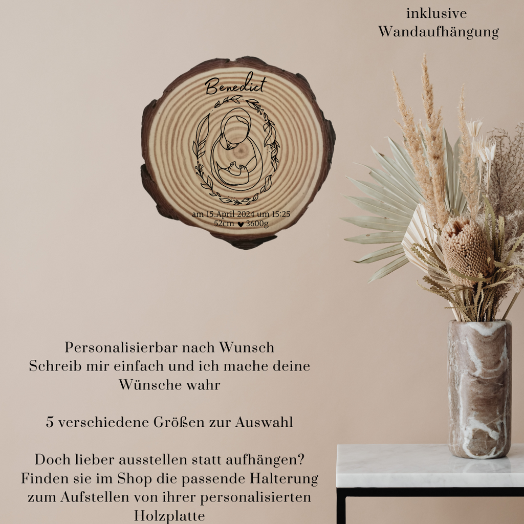 Gravierte Holzscheibe zur Geburt – personalisiertes Babygeschenk mit Name & Geburtsdatum – Erinnerung Baby – Naturholz Dekoration