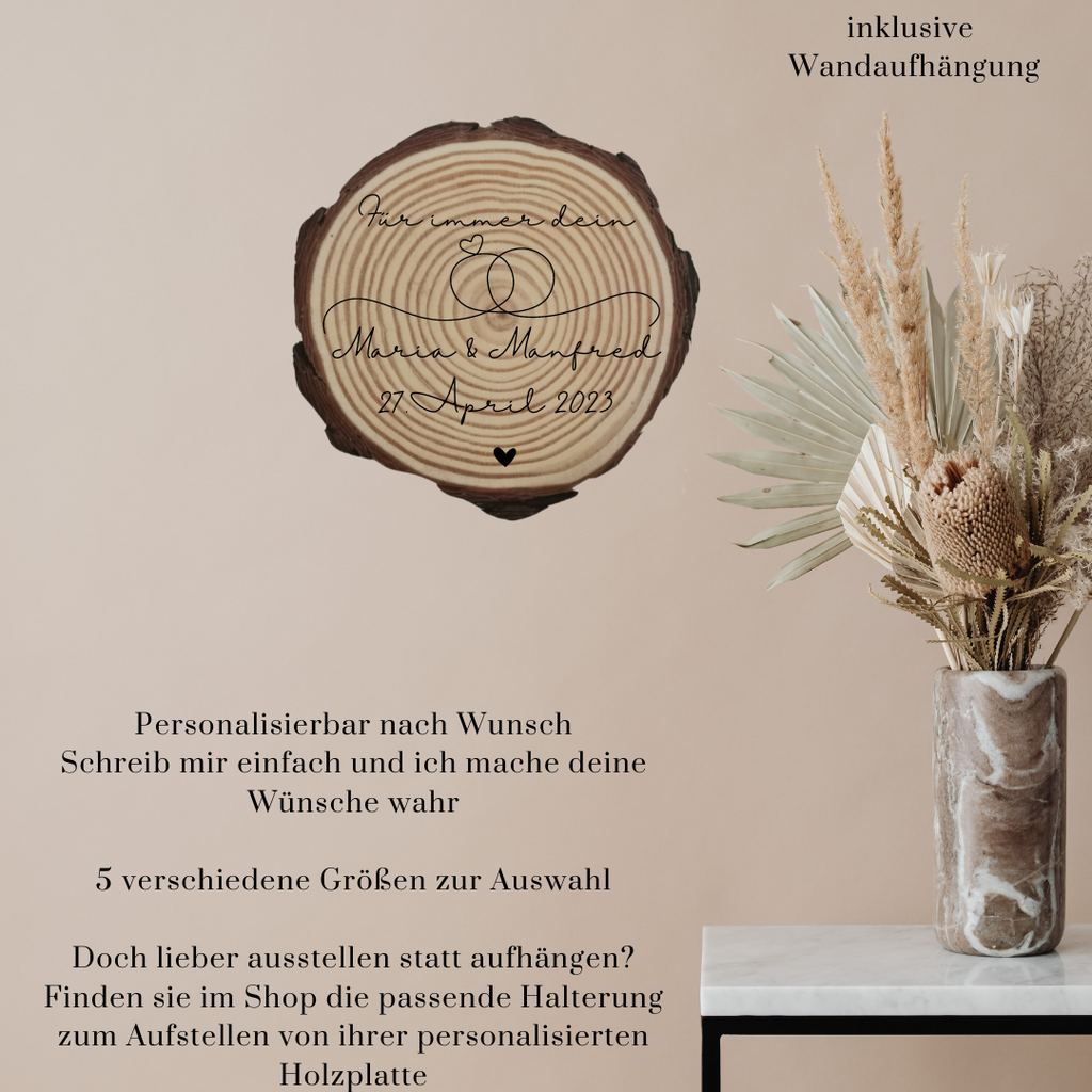 Gravierte Holzscheibe Hochzeit – personalisiert mit Namen & Datum – rustikale Hochzeitsdeko – Geschenk für Brautpaar – Ringträger Holz
