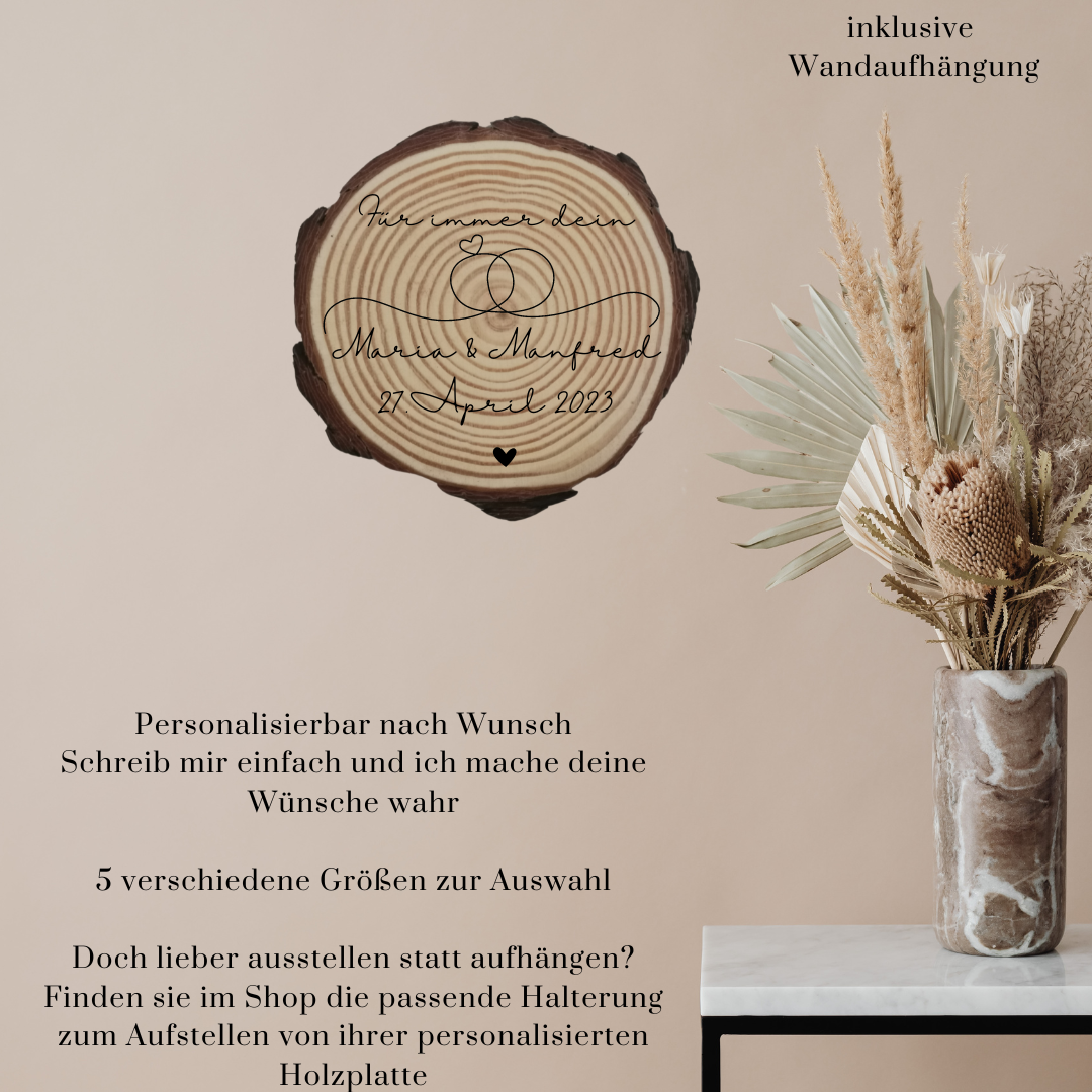 Gravierte Holzscheibe Hochzeit – personalisiert mit Namen & Datum – rustikale Hochzeitsdeko – Geschenk für Brautpaar – Ringträger Holz
