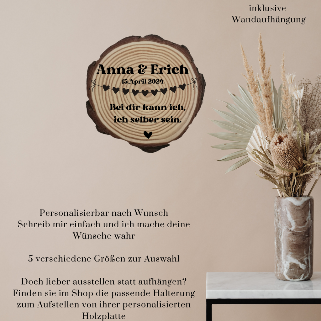 Gravierte Holzscheibe Hochzeit – personalisiert mit Namen & Datum – rustikale Hochzeitsdeko – Geschenk für Brautpaar – Ringträger Holz