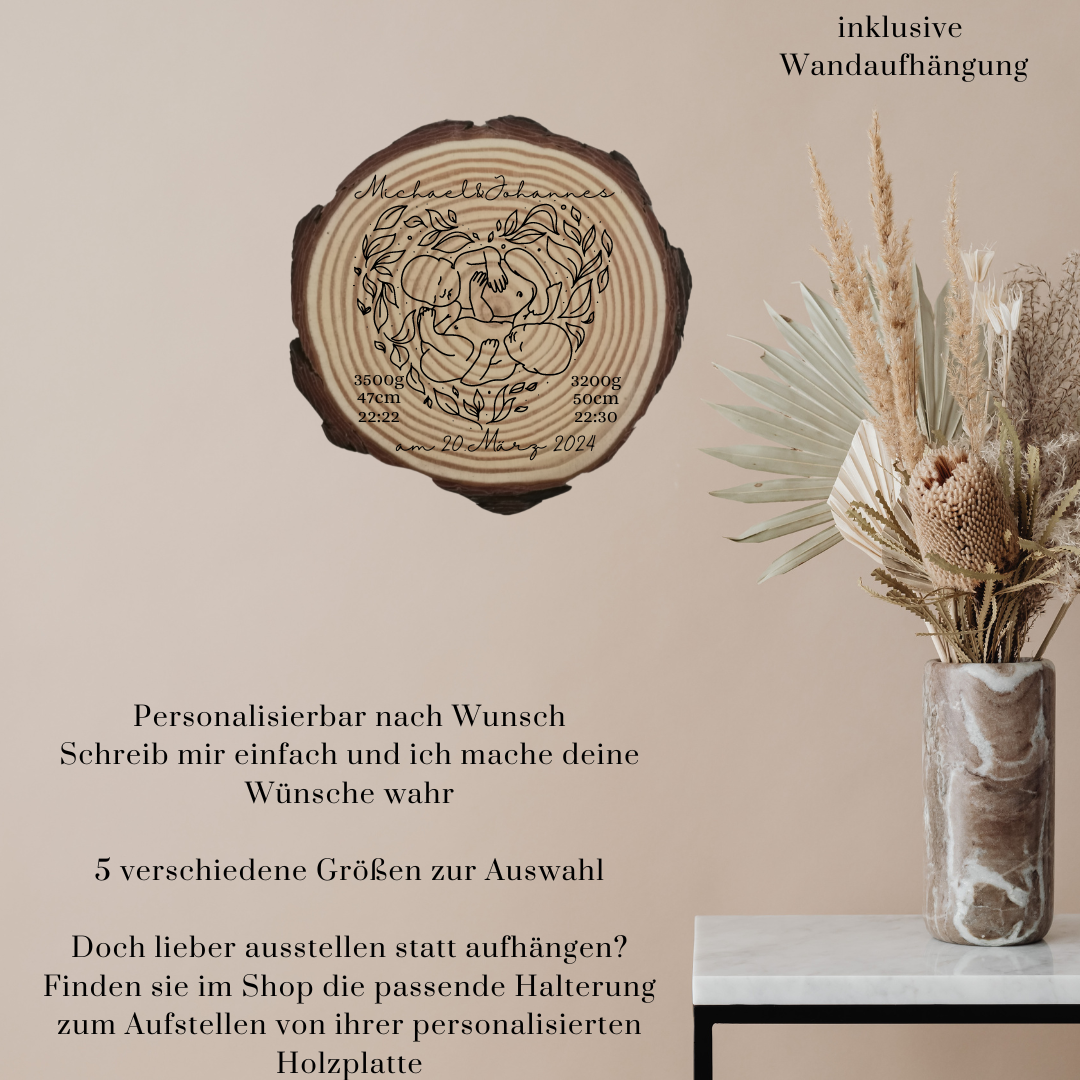 Gravierte Holzscheibe zur Geburt Zwillinge – personalisiertes Babygeschenk mit Namen & Geburtsdaten – Erinnerung Naturholz Baby