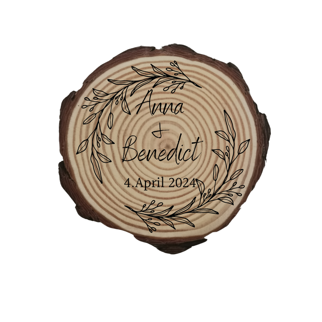 Gravierte Holzscheibe Hochzeit – personalisiert mit Namen & Datum – rustikale Hochzeitsdeko – Geschenk für Brautpaar – Ringträger Holz