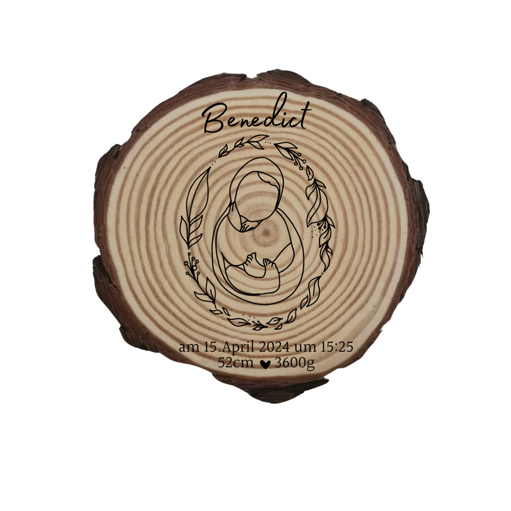 Gravierte Holzscheibe zur Geburt – personalisiertes Babygeschenk mit Name & Geburtsdatum – Erinnerung Baby – Naturholz Dekoration