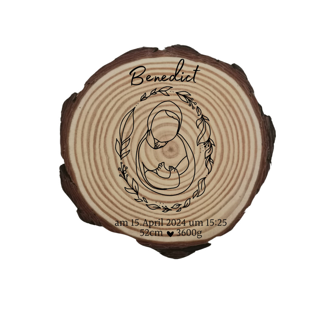 Gravierte Holzscheibe zur Geburt – personalisiertes Babygeschenk mit Name & Geburtsdatum – Erinnerung Baby – Naturholz Dekoration