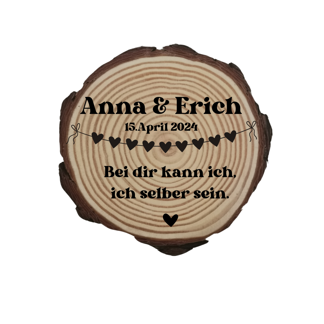 Gravierte Holzscheibe Hochzeit – personalisiert mit Namen & Datum – rustikale Hochzeitsdeko – Geschenk für Brautpaar – Ringträger Holz