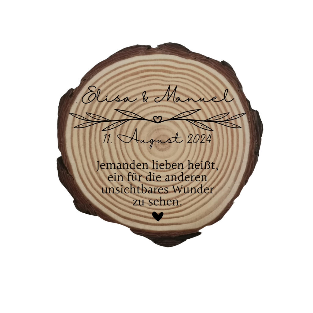 Gravierte Holzscheibe Hochzeit – personalisiert mit Namen & Datum – rustikale Hochzeitsdeko – Geschenk für Brautpaar – Ringträger Holz