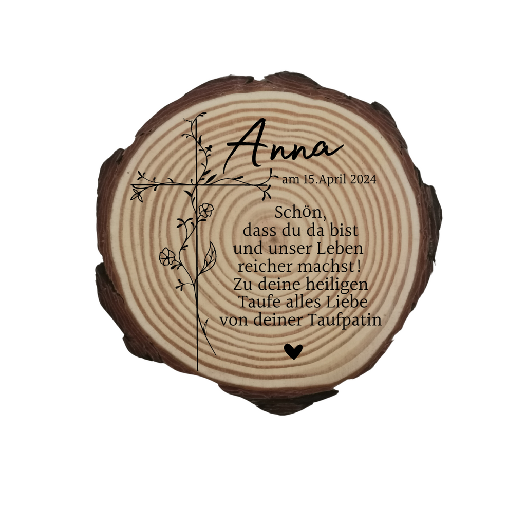 Gravierte Holzscheibe zur Taufe – personalisiertes Taufgeschenk mit Name & Datum – Erinnerung Taufe – Deko Holz – Geschenk zur Tauffeier
