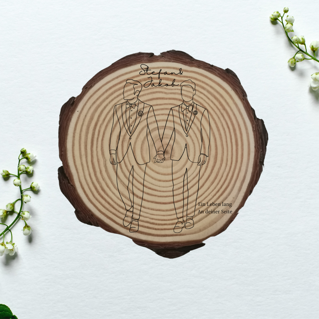 Gravierte Holzscheibe Hochzeit – personalisiert mit Namen & Datum – rustikale Hochzeitsdeko – Geschenk für Brautpaar – Ringträger Holz