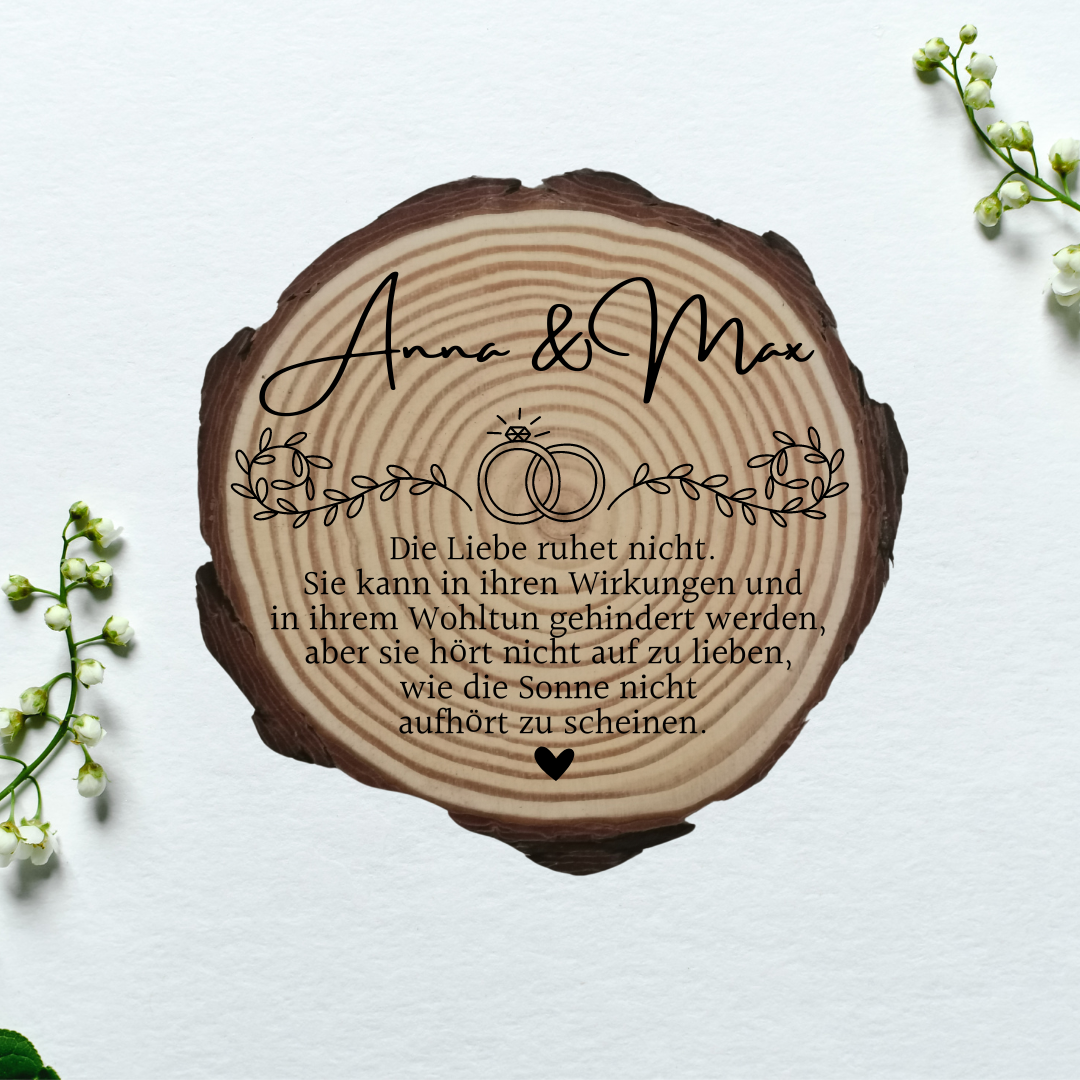 Gravierte Holzscheibe Hochzeit – personalisiert mit Namen & Datum – rustikale Hochzeitsdeko – Geschenk für Brautpaar – Ringträger Holz
