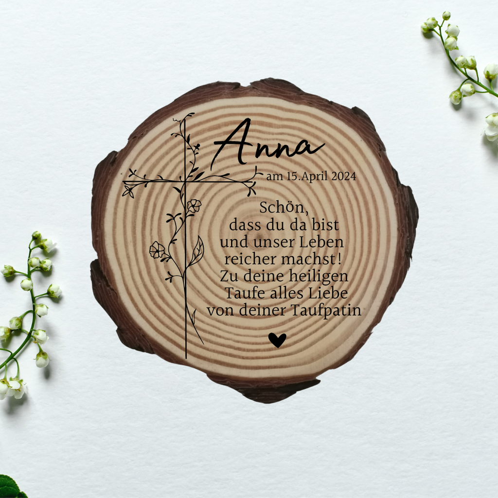 Gravierte Holzscheibe zur Taufe – personalisiertes Taufgeschenk mit Name & Datum – Erinnerung Taufe – Deko Holz – Geschenk zur Tauffeier