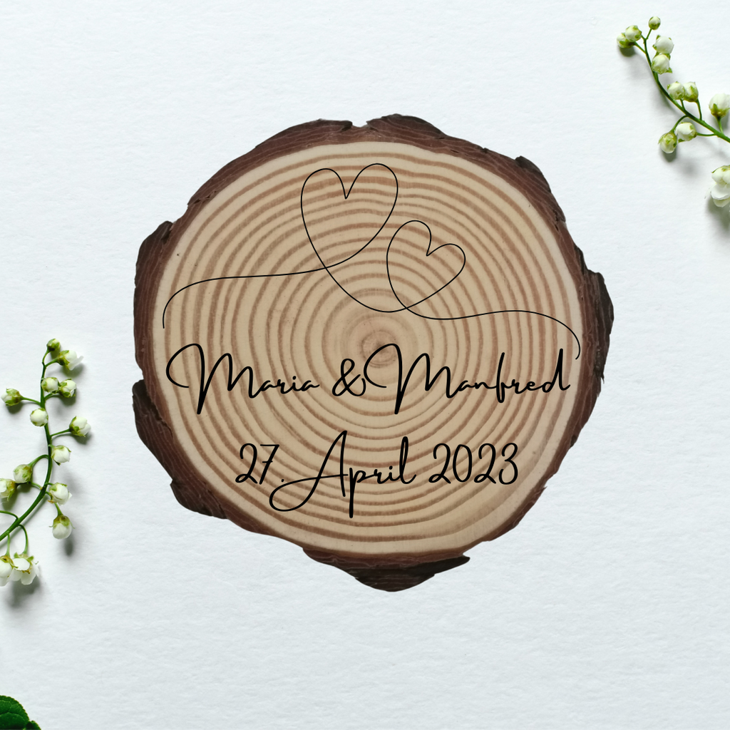 Gravierte Holzscheibe Hochzeit – personalisiert mit Namen & Datum – rustikale Hochzeitsdeko – Geschenk für Brautpaar – Ringträger Holz