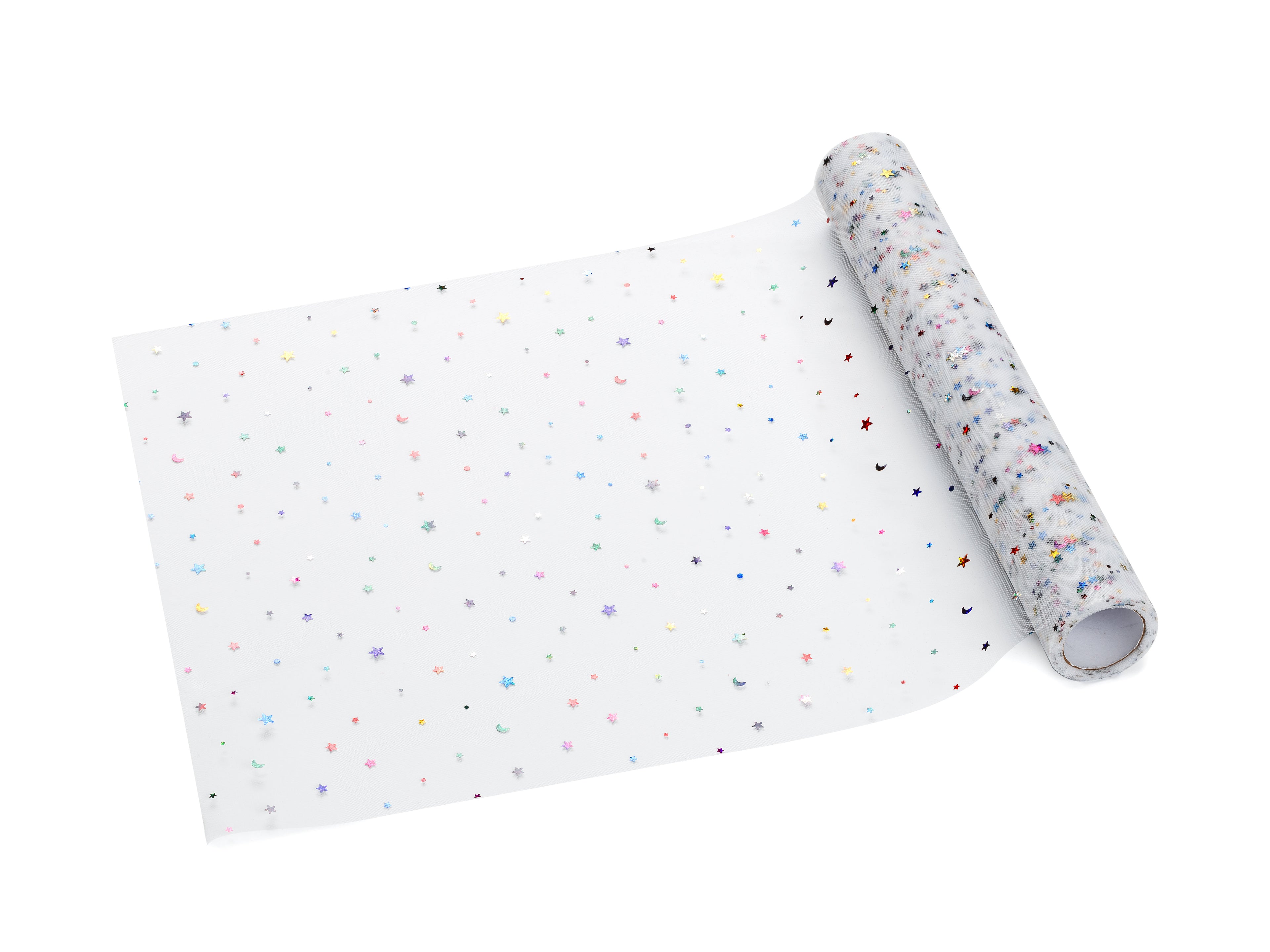 Tüll-Tischläufer mit Sternen und Monden 35 cm x 9 m - weißer Tischläufer mit buntem Himmelsmuster für Geburtstag und Babyparty