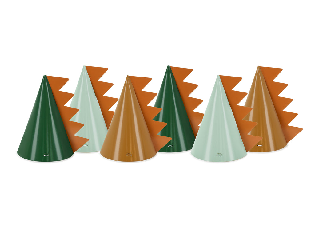 Dinosaurier‑Partyhüte – 6er Set | Papierhüte in Farbmix, Höhe 14 cm, Ø 11 cm | DIY zum Selbstzusammenbauen