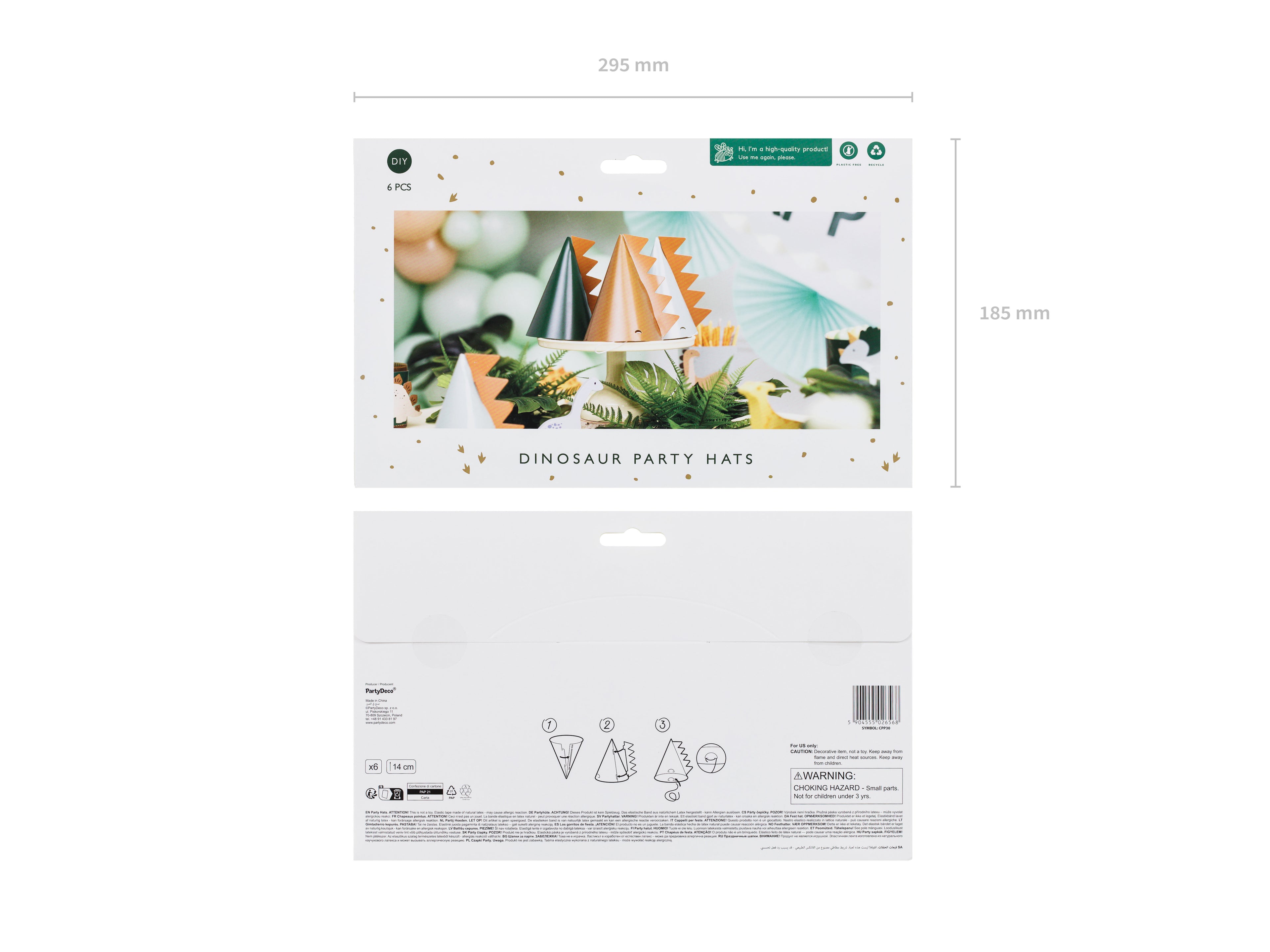 Dinosaurier‑Partyhüte – 6er Set | Papierhüte in Farbmix, Höhe 14 cm, Ø 11 cm | DIY zum Selbstzusammenbauen