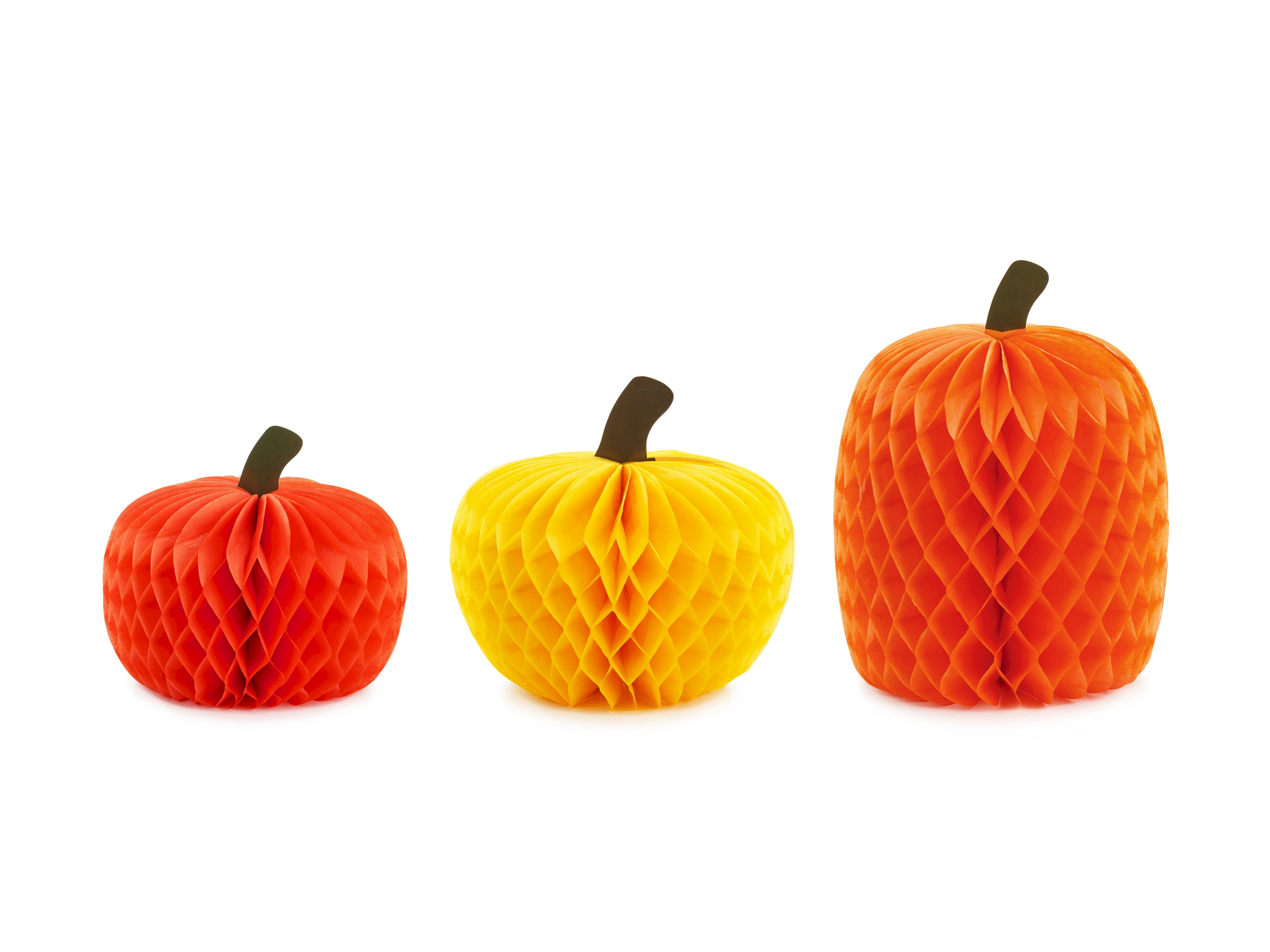 Kürbis‑Dekoration aus Seidenpapier – 3er Set | Honeycomb Kürbisse im Farbmix, 18/22/30 cm | Herbst, Halloween & Tischdeko
