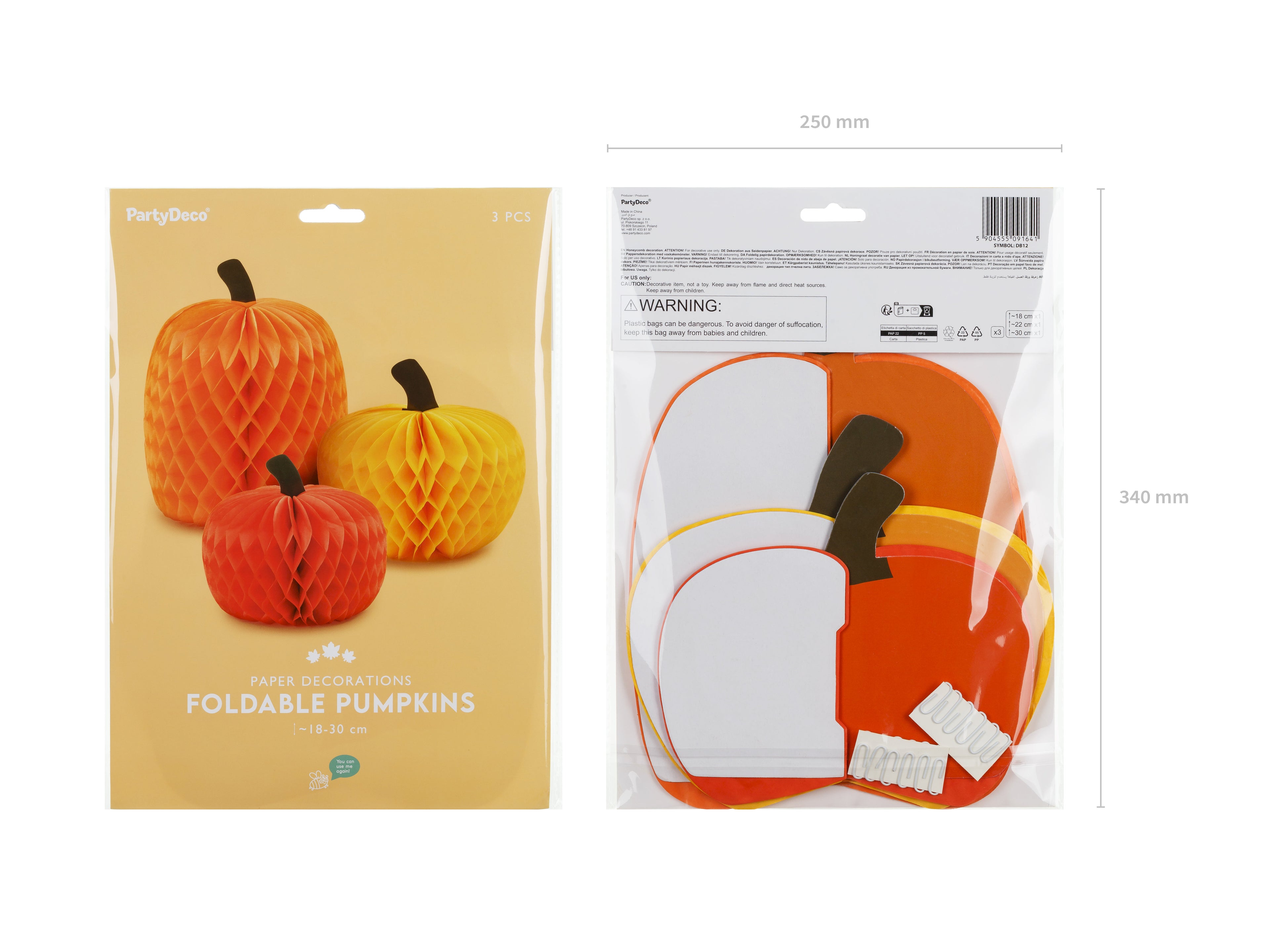Kürbis‑Dekoration aus Seidenpapier – 3er Set | Honeycomb Kürbisse im Farbmix, 18/22/30 cm | Herbst, Halloween & Tischdeko