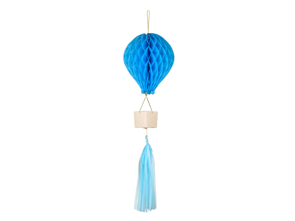 Seidenpapier-Dekoration Heißluftballon Blau - DIY Hängedeko für Babyshower, Kinderzimmer & Taufe | Wabenballon mit Korb und Quaste