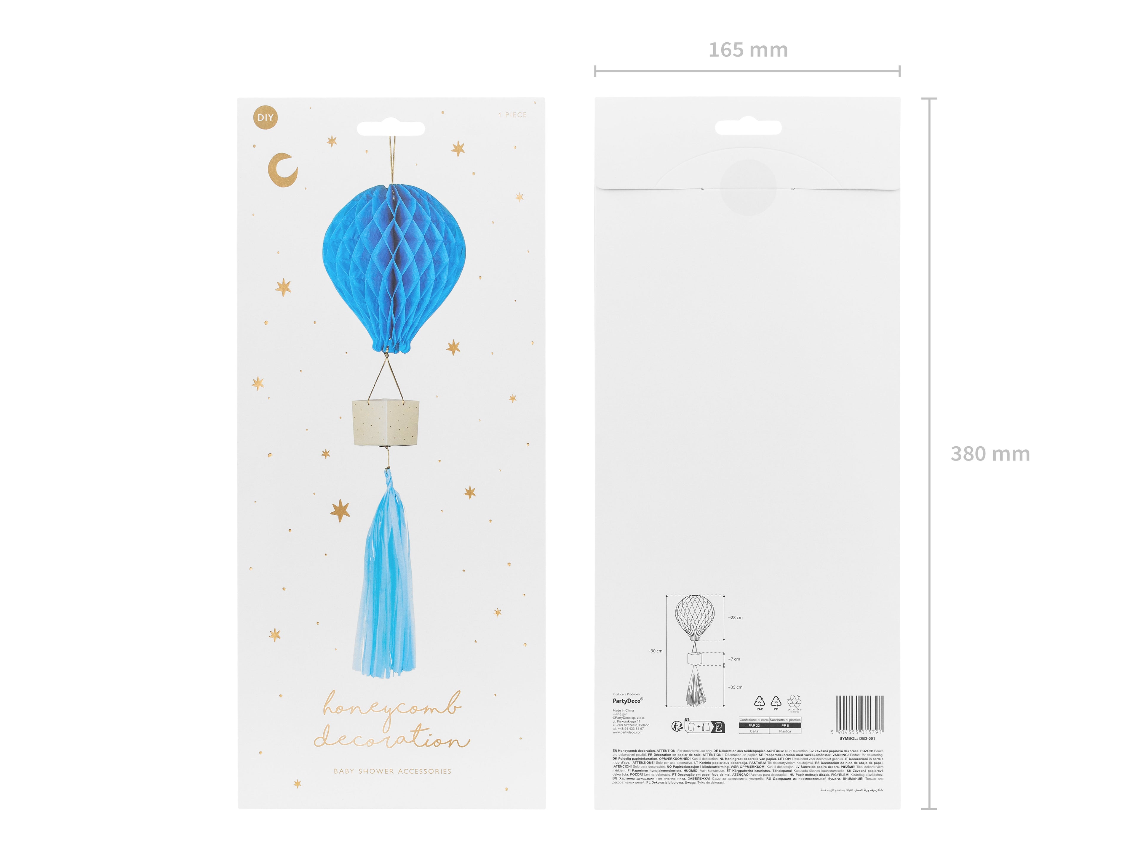 Seidenpapier-Dekoration Heißluftballon Blau - DIY Hängedeko für Babyshower, Kinderzimmer & Taufe | Wabenballon mit Korb und Quaste