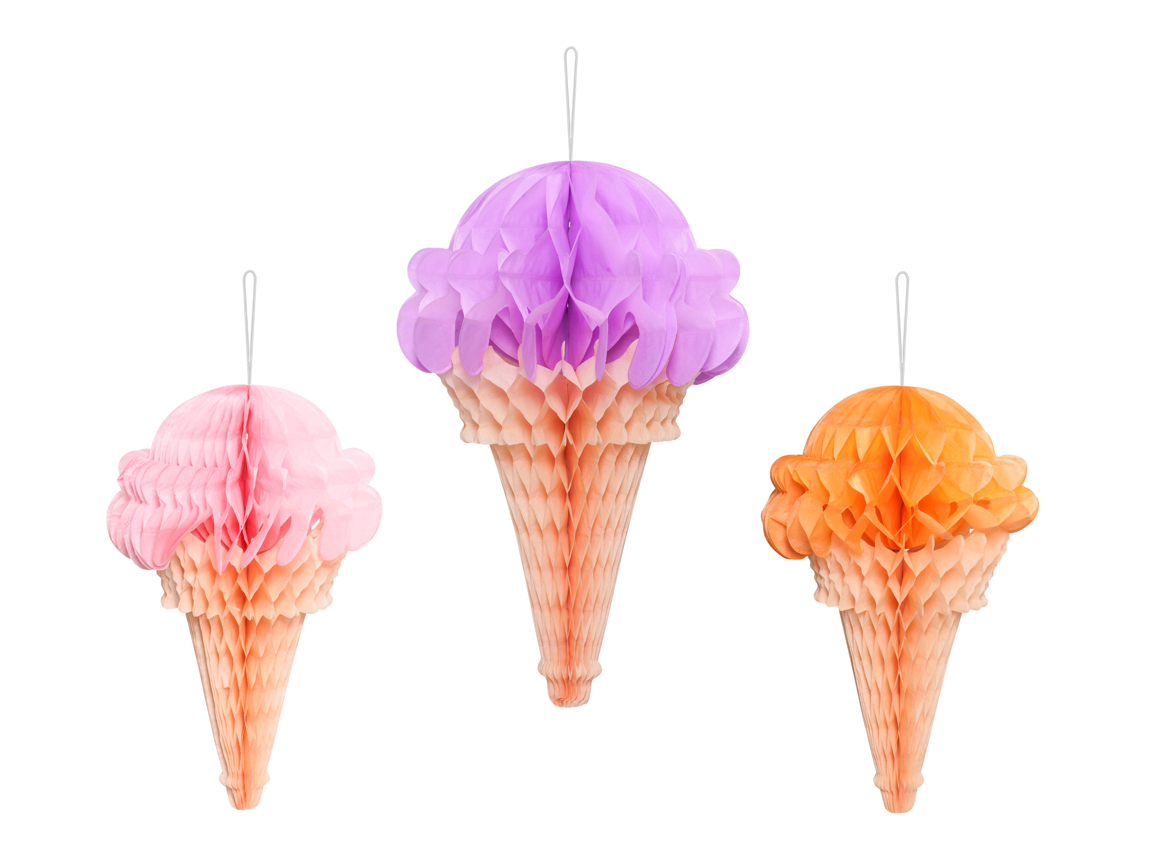 Eiscreme‑Deko aus Seidenpapier – 3er Set | Hängedeko in Pastell‑Farbmix, Höhe 20–30 cm | Sommerparty, Kindergeburtstag, Candy‑Bar