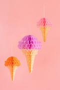 Eiscreme‑Deko aus Seidenpapier – 3er Set | Hängedeko in Pastell‑Farbmix, Höhe 20–30 cm | Sommerparty, Kindergeburtstag, Candy‑Bar