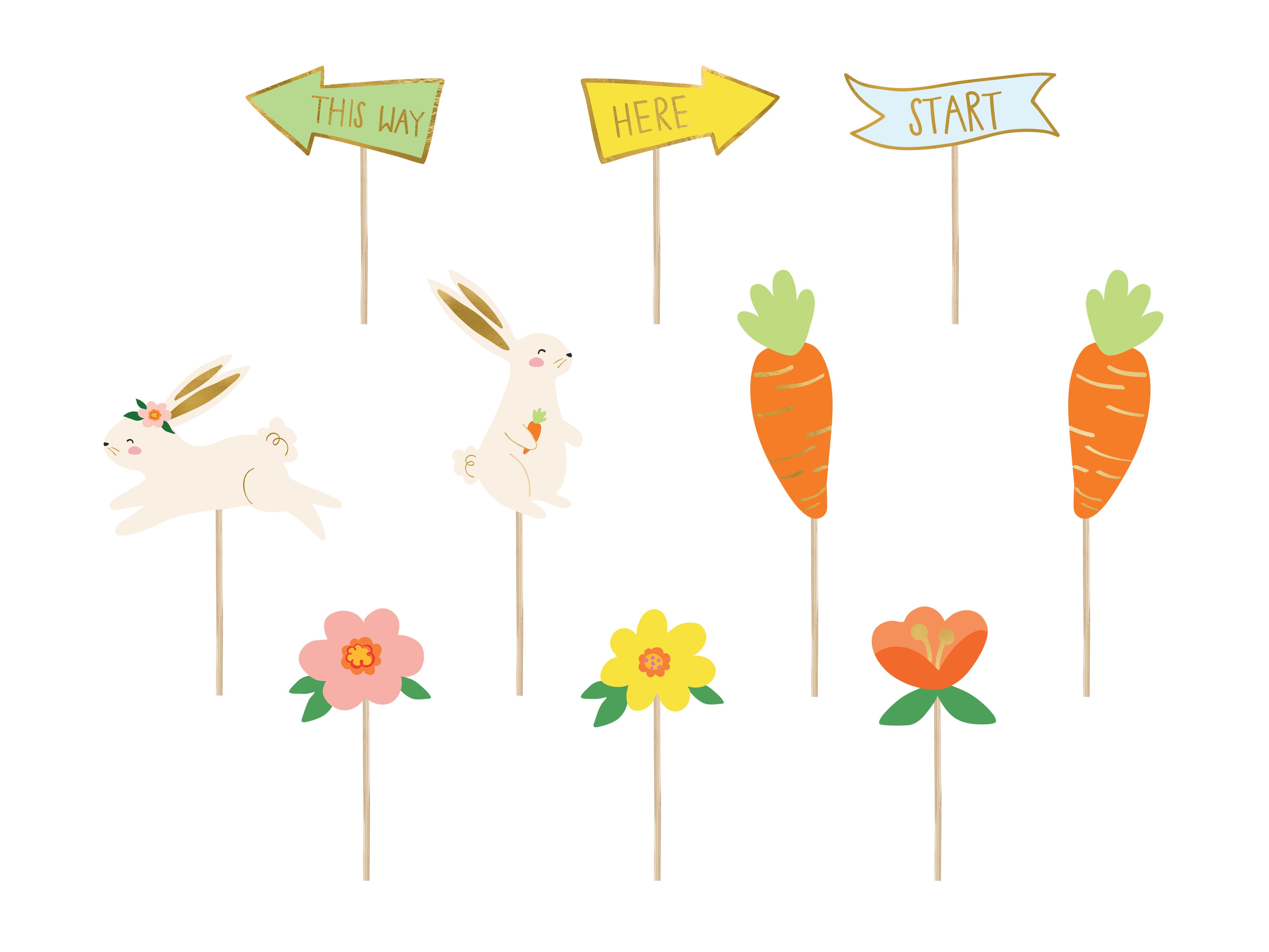 Ostereiersuche‑Set – 10 Deko‑Picks für Kuchen & Garten | Hasen, Karotten, Blumen & Pfeile | 8–22,5 × 6–24 cm, Stäbe 20 cm