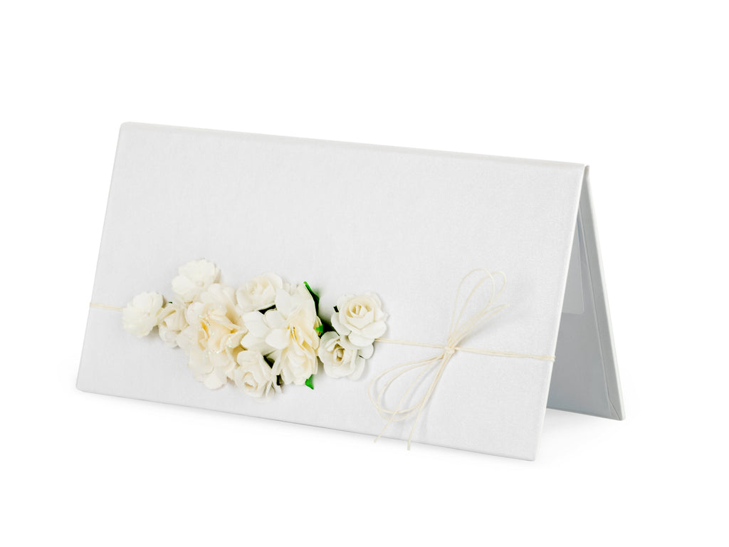Dekoratives Geldkästchen „Schönes Herz“ – 10,5 × 19,5 cm | Perlmuttweiß mit Blumen, Leinenschnur & Wunschkarte