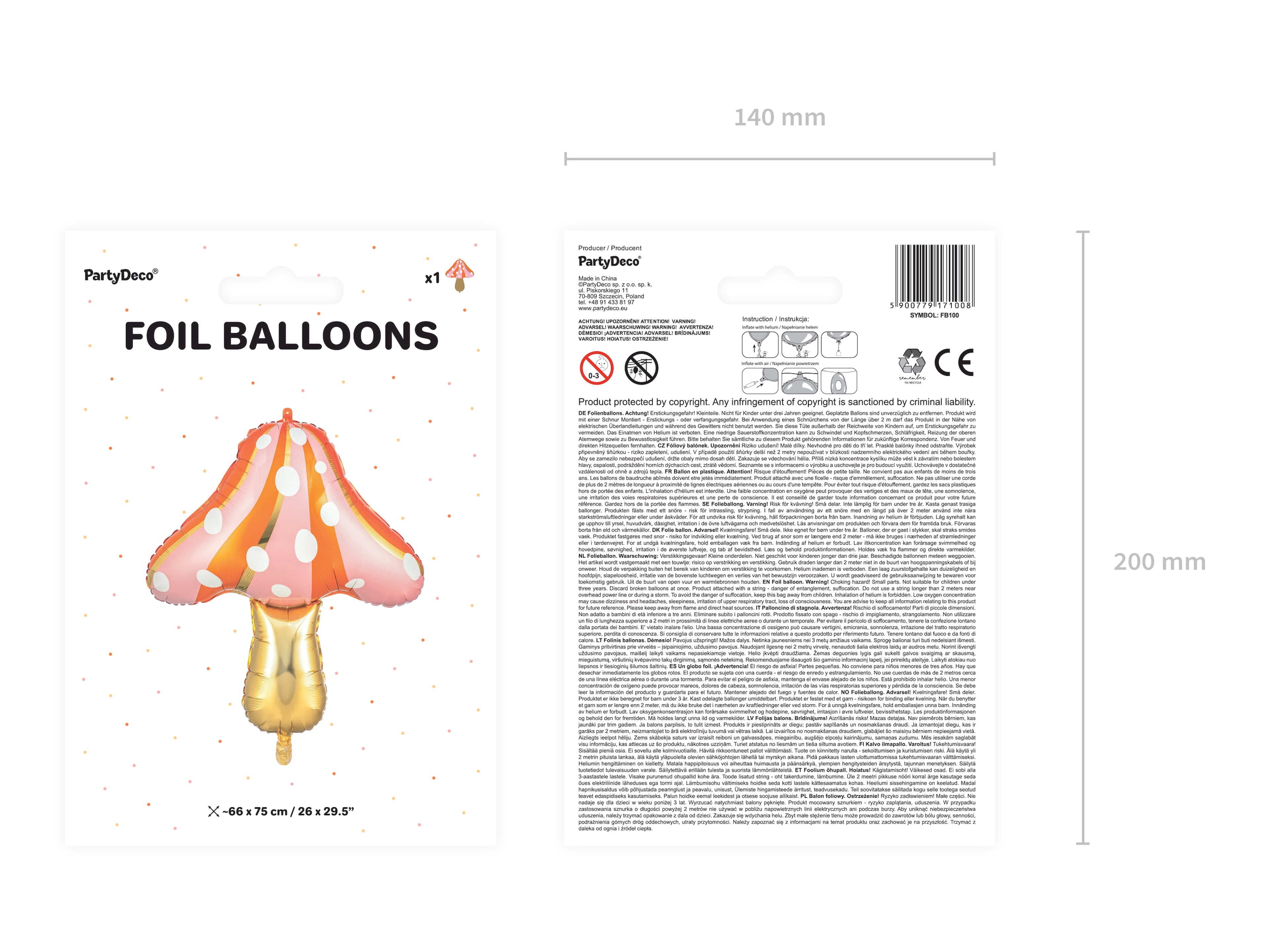 Pilz‑Folienballon – 66 × 75 cm | Matter Mushroom Ballon im Farbmix mit goldenem Metallic‑Print | Für Luft & Helium
