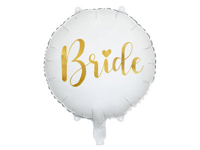 Braut‑Folienballon „Bride“ – Weiß mit goldener Schrift | 45 cm (35 cm aufgeblasen) | Helium & Luft | JGA, Bridal Shower, Hochzeit