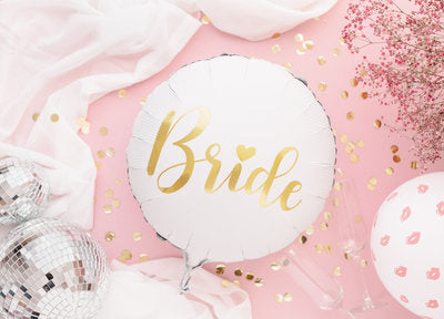 Braut‑Folienballon „Bride“ – Weiß mit goldener Schrift | 45 cm (35 cm aufgeblasen) | Helium & Luft | JGA, Bridal Shower, Hochzeit