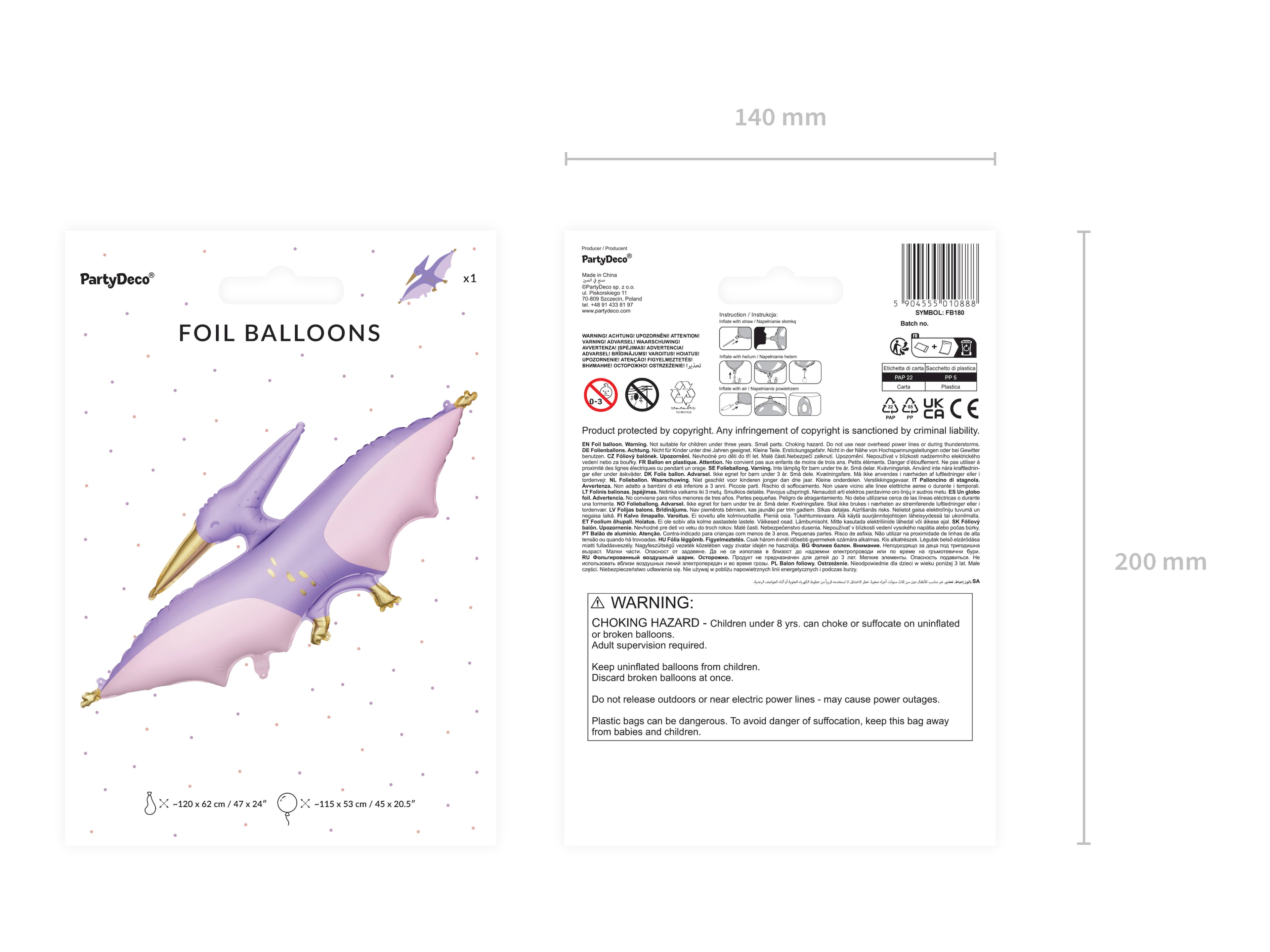 Pterodaktylus-Folienballon XXL 120 × 62 cm (aufgeblasen ca. 115 × 53 cm) – verschiedene Farben, Helium- & Luftfüllung, Dino-Party Deko inkl. Strohhalm